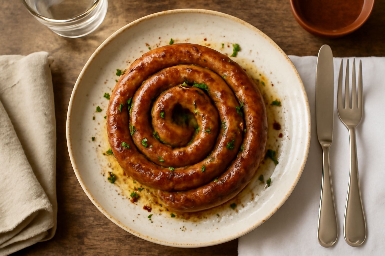 Quattro luganeghe dorate in una padella in ghisa scura, con buccia leggermente caramellata, intorno finocchietto selvatico fresco e sfondo neutro grigio