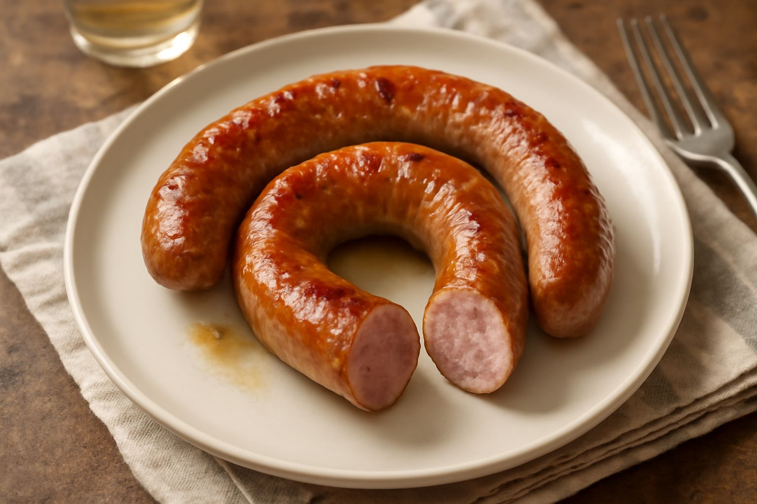 Luganega trevigiana dorata e ancora umida appena cotta in pentola, disposta su un piatto bianco con una leggera lucida di grasso, contorno di cipolla morbida caramellata e erba cipollina fresca