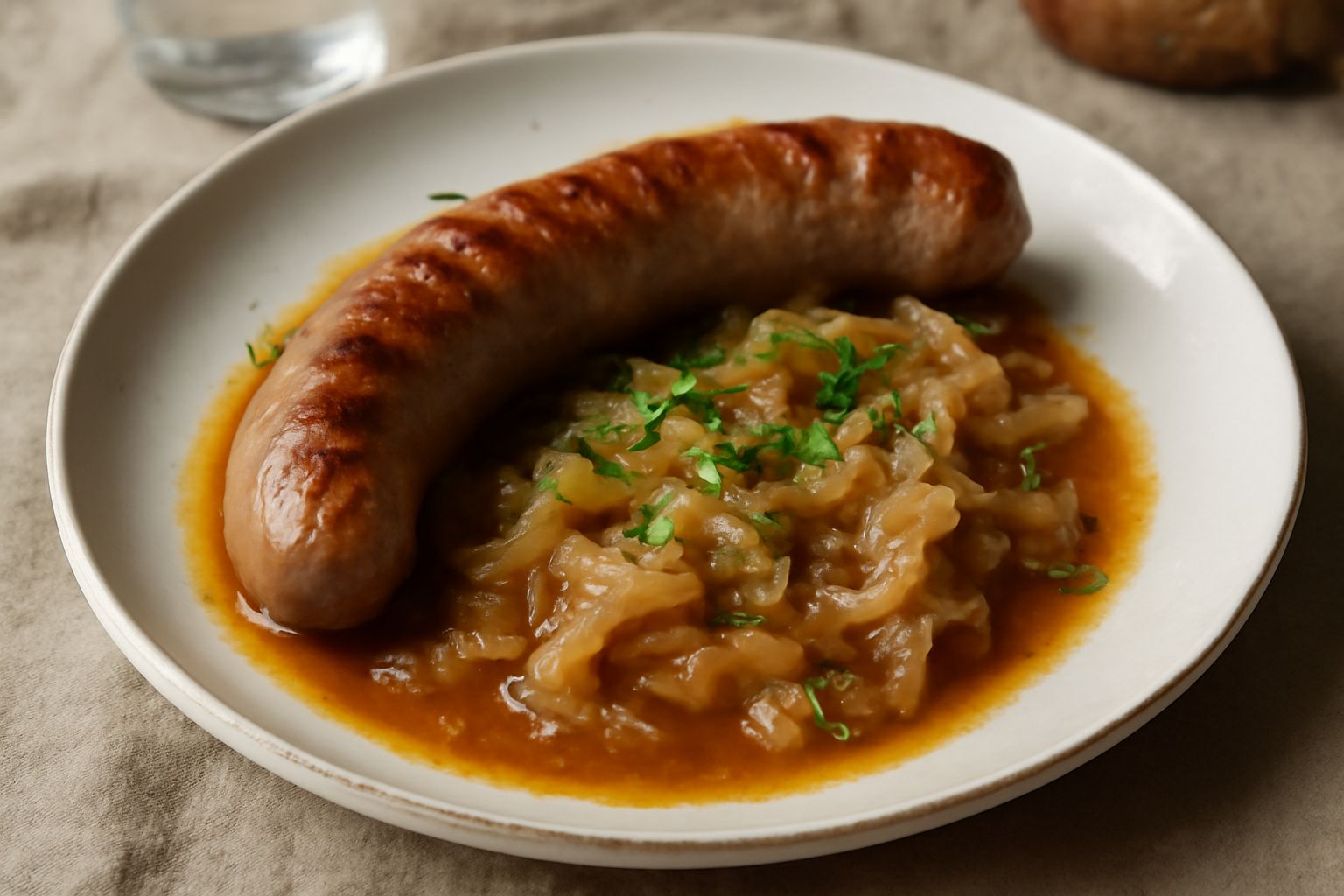 Piatto bianco con luganica dorata e cipolla caramellata, guarnito con prezzemolo fresco, accanto a fette di pane tostato