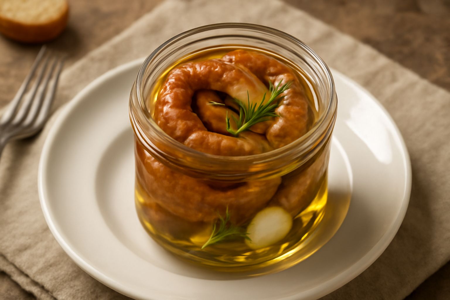 Luganica cotta affettata in un barattolo di vetro coperta di olio dorato con rametti di rosmarino e aglio, su sfondo neutro