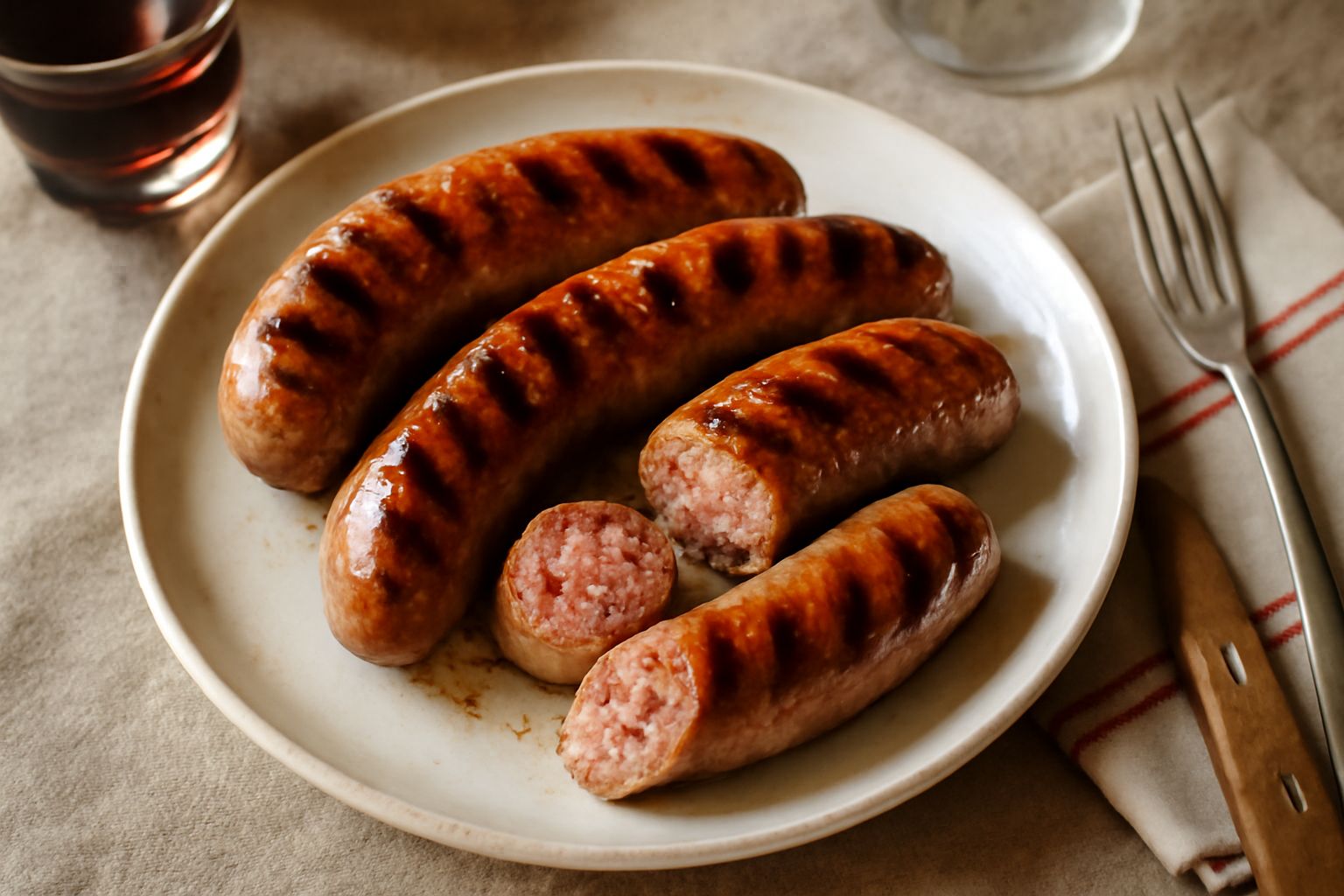 Luganighe grigliate disposte su un piatto bianco, dalla pelle dorata e leggermente carbonizzata, contornate da verdure grigliate e accompagnate da una fetta di pane tostato