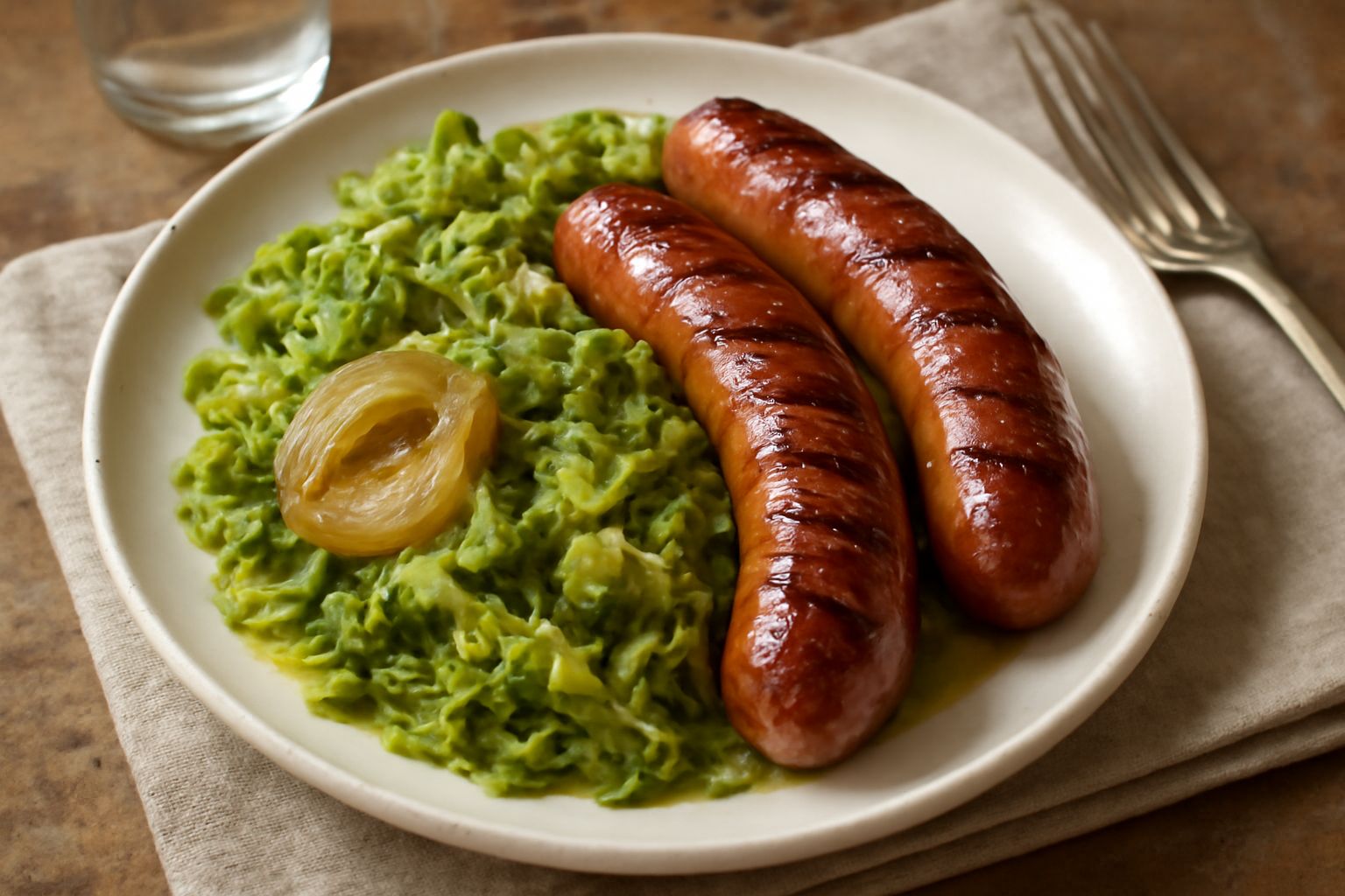 Due luganighe dorate in un piatto bianco con crauti croccanti dal colore verde salvia, cipolla glassata trasparente, vino bianco ridotto, servito con pane nero a fette