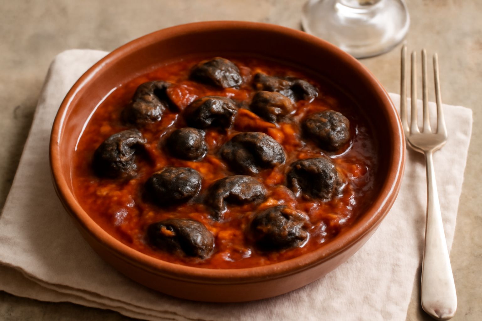 Lumache cotte in umido dentro una ciotola di terracotta, circondate da salsa rossa densa, pomodorini interi, sedano e carota sfatti, con prezzemolo fresco verde scuro in superficie