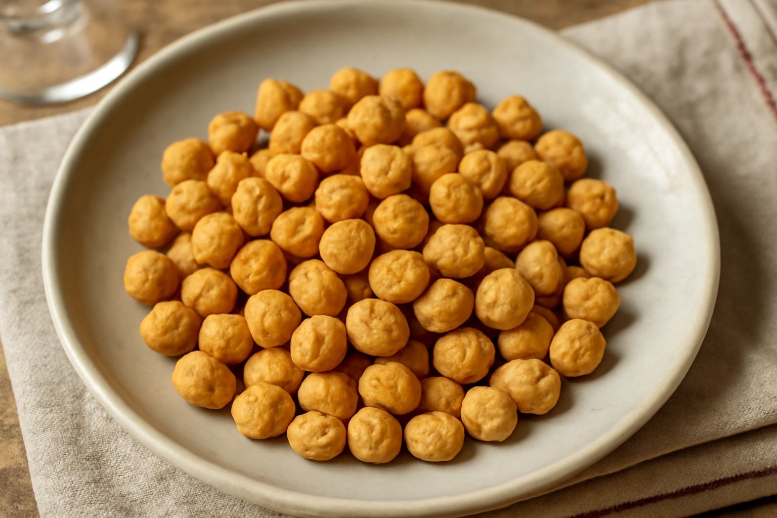 Lupini dorati e croccanti in una ciotola di ceramica bianca, sparsi su un piatto di legno scuro con sfondo neutro, alcuni legumi interi visibili accanto