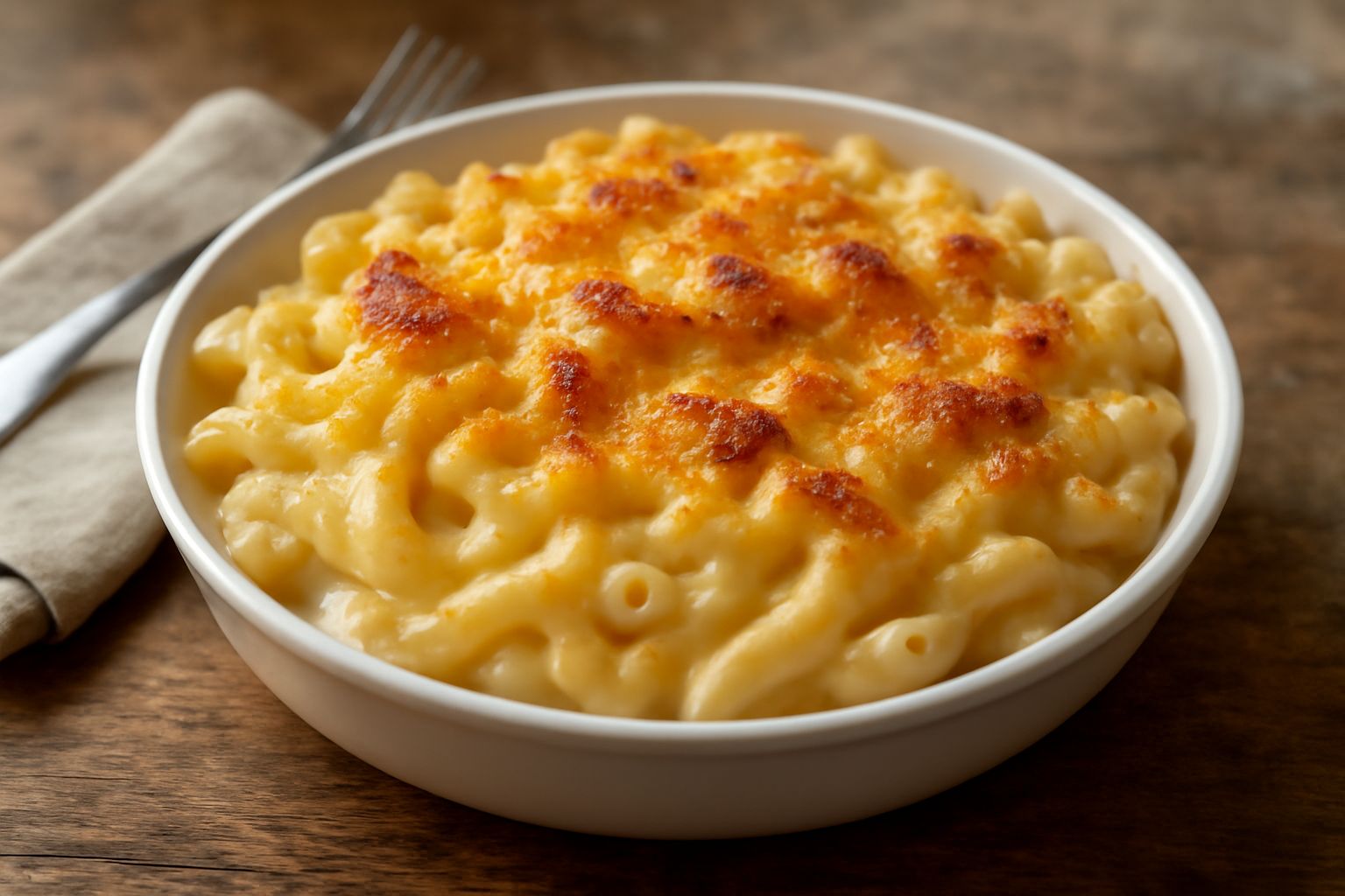 Macaroni gratinati in un piatto bianco, con crosticina dorata e croccante in superficie, visibili i tubetti di pasta all'interno bagnati di salsa cremosa, guarniti con formaggio grattugiato dorato ai 