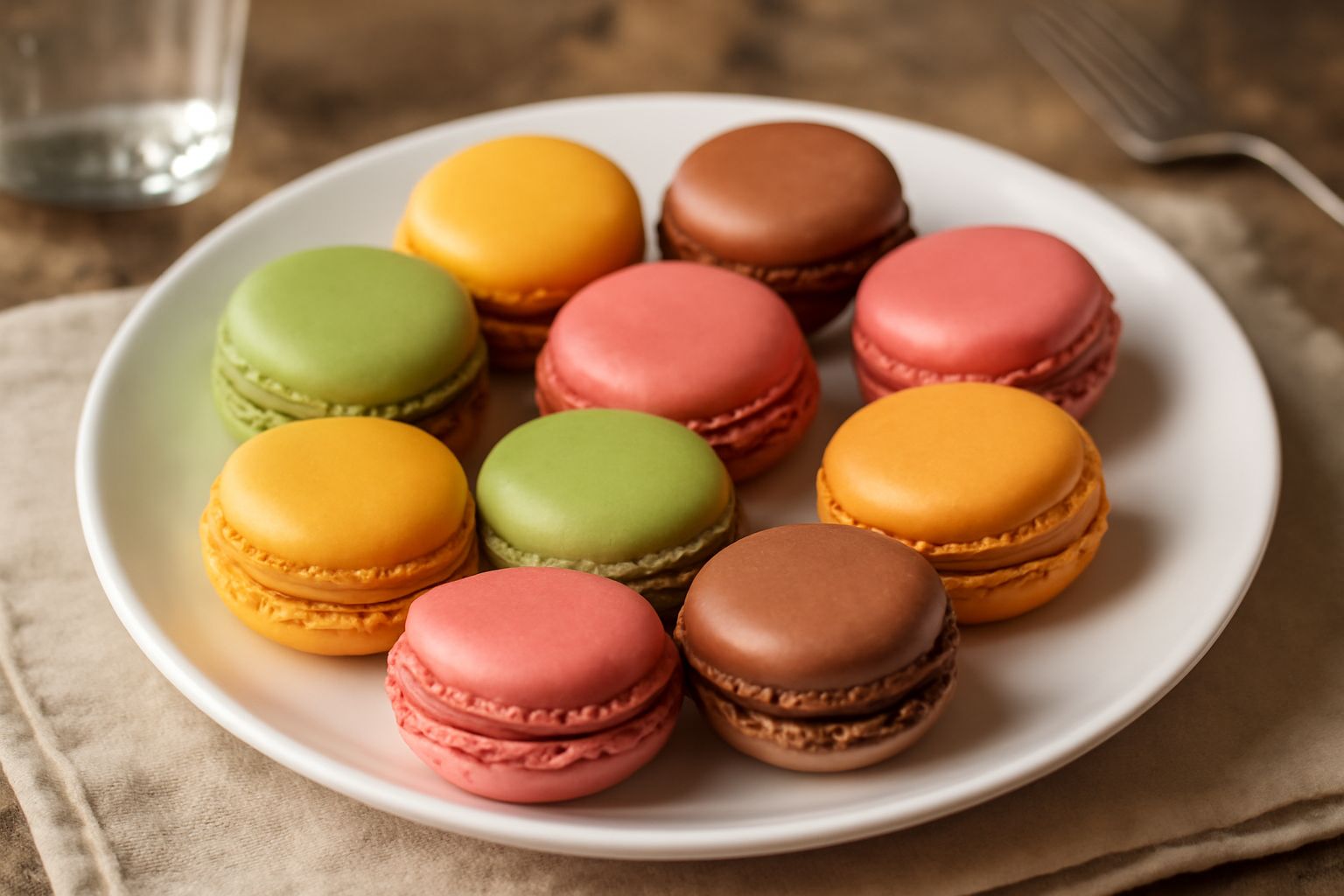 Una quindicina di macarons colorati disposti in fila su una superficie bianca: rosa, giallo, verde menta e cioccolato, doppi con ripieno visibile tra i gusci, lisci e lucidi con il piede caratteristic