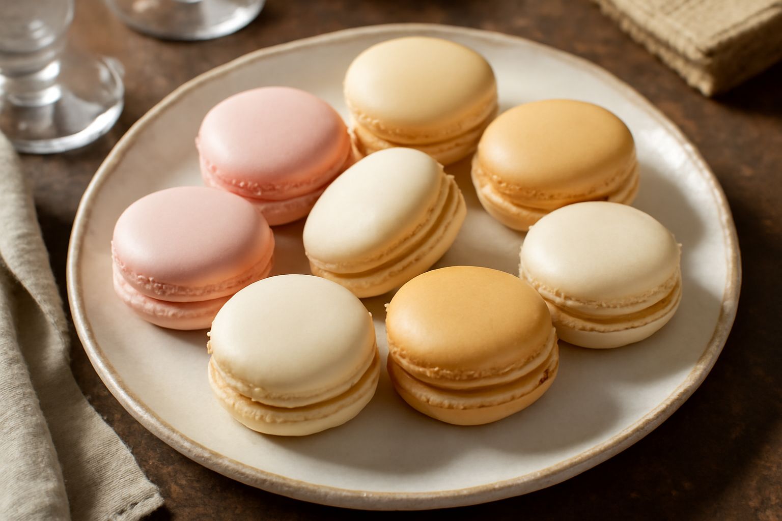 Tre macarons appoggiati su una superficie bianca: guscio rosa pallido con interno visibile di crema nocciola, guscio color crema con dettagli di mostarda, maaron color oro con riflessioni di lucido. S