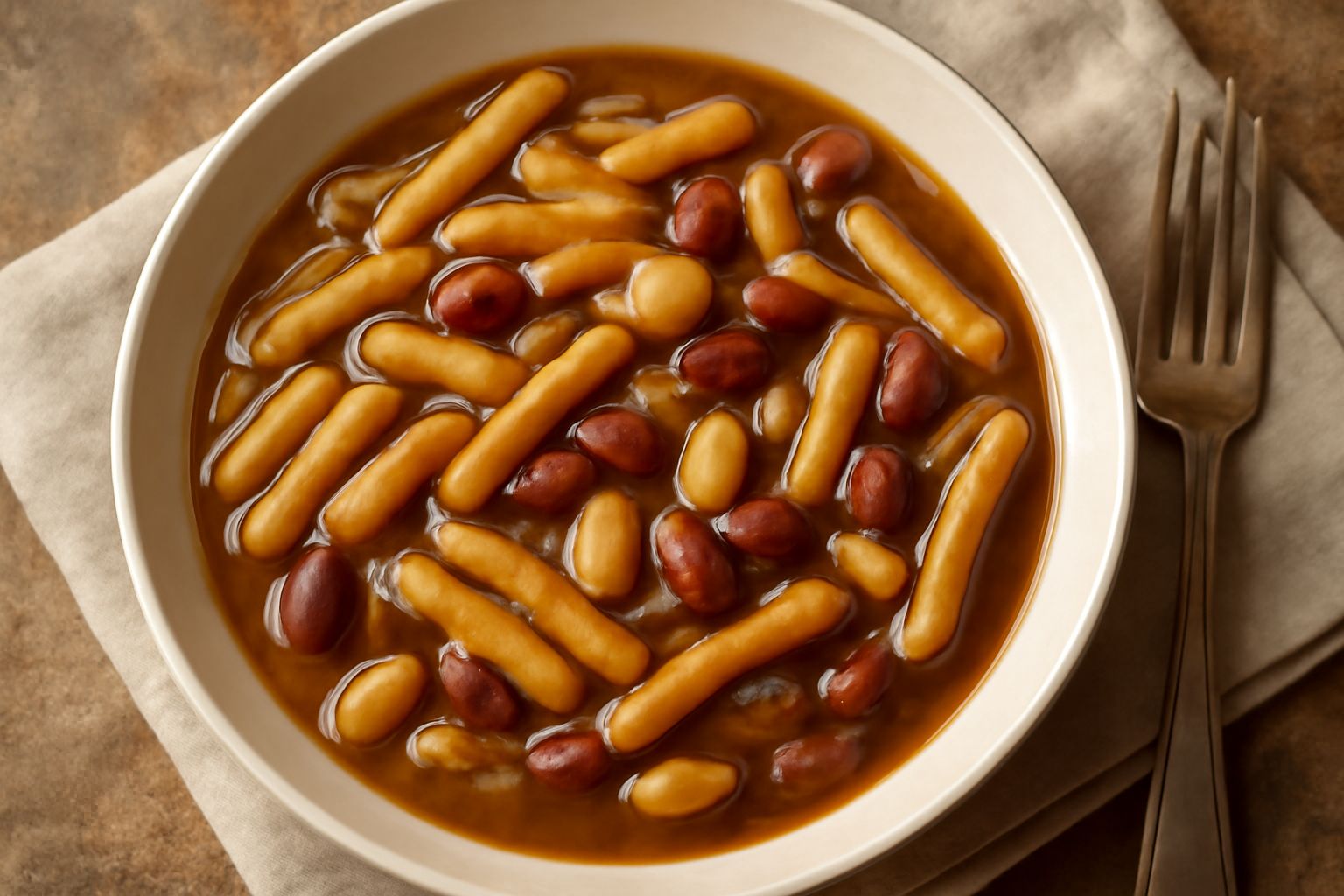 Ciotola di ceramica bianca con macarrones de busa: pasta tubolare in umido marrone-rossiccio con fagioli bianchi e rossi, olio d'oliva in superficie, servito su tavolo di legno rustico