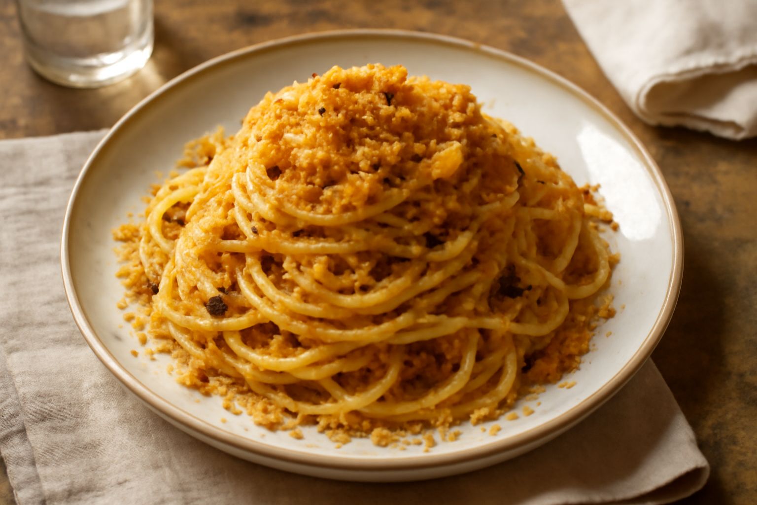 Piatto di pasta lunga ricoperta di pangrattato dorato e croccante, con filo d'olio brillante, aglio soffritto visibile tra i fili, servito su piatto bianco con contorno di pepe nero