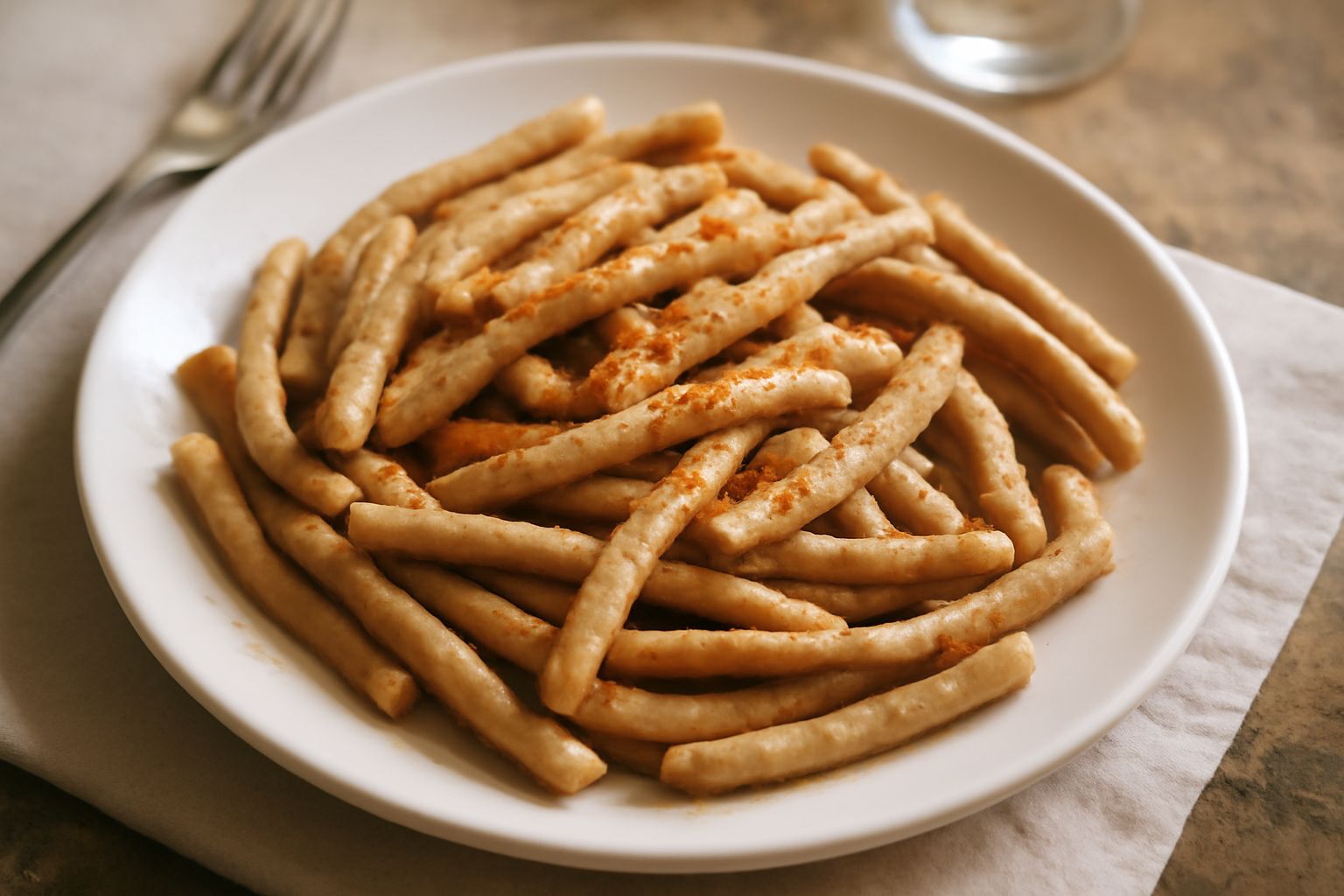 Maccarones a manu su piatto bianco, pasta fresca irregolare color grano con sugo di ragù, guarniti da pecorino grattugiato e prezzemolo fresco