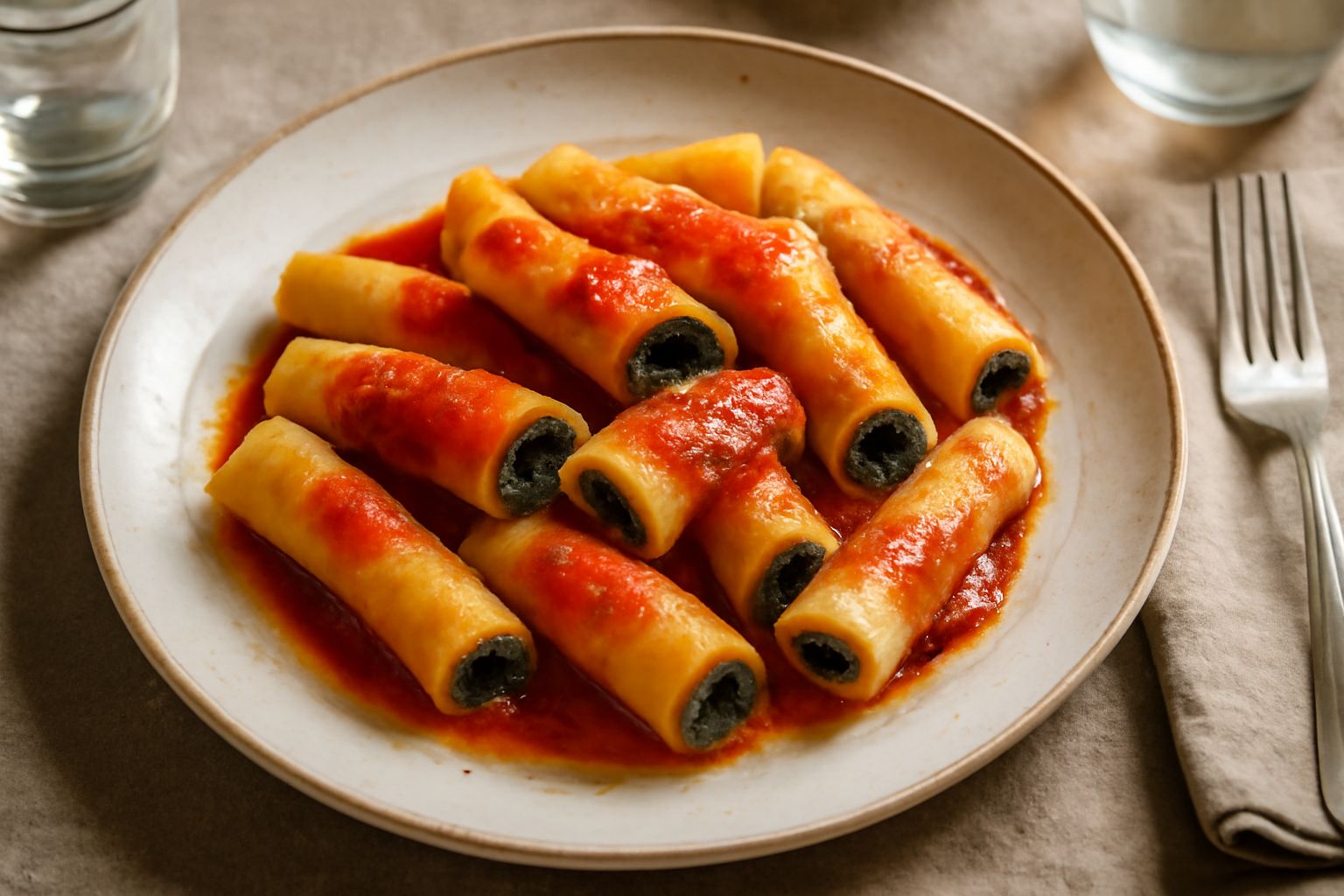 Piatto di pasta fresca ripiena con forma tubolare leggermente obliqua, surface ondulato color giallo dorato, riempimento verde scuro di bietola visibile alle estremità, condito con sugo rosso leggero 