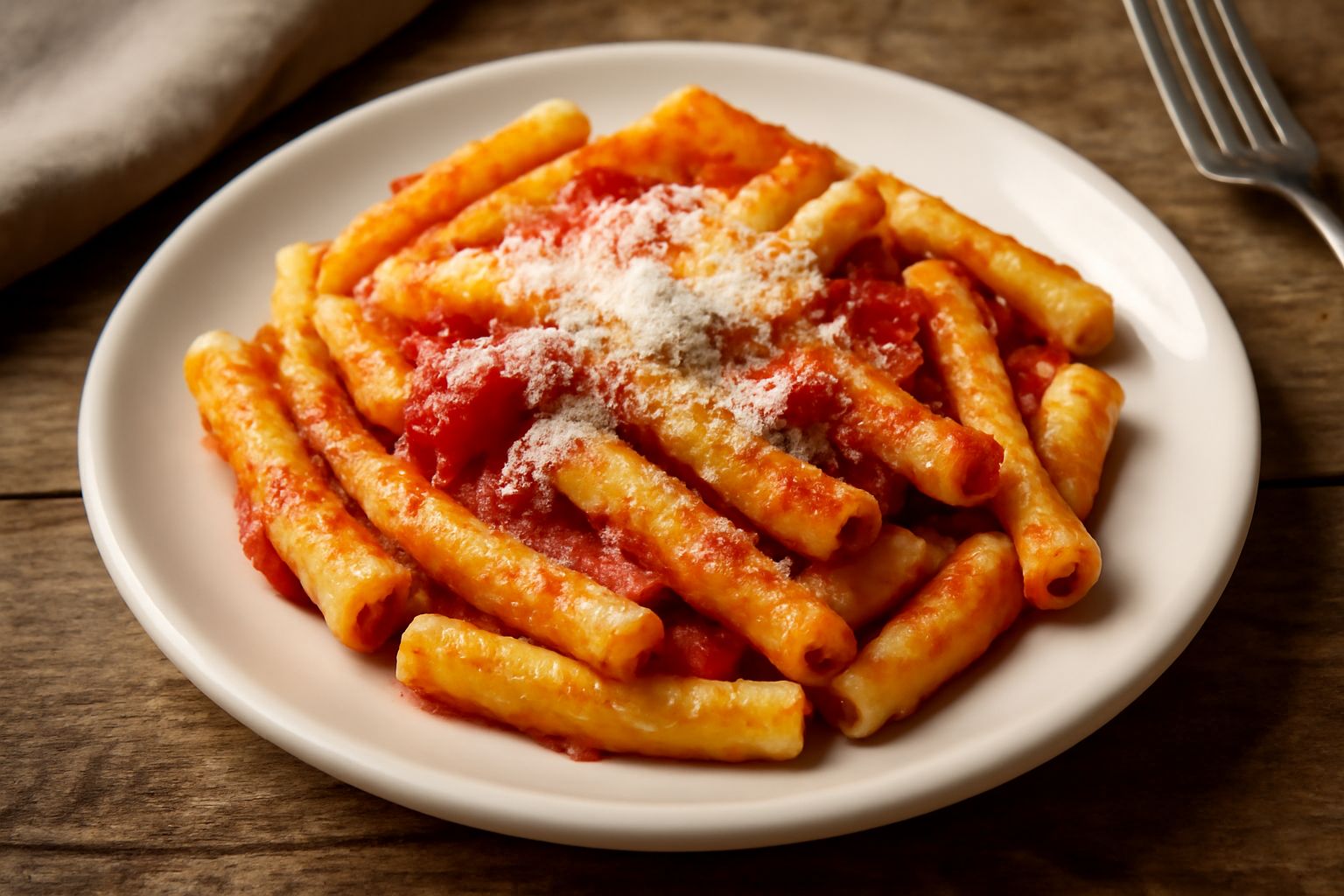 Un piatto fondo di ceramica bianca contiene maccarones rigatoni color crema con sugo rosso acceso, peperoncini rossi interi, grattugia di pecorino dorato sparso in superficie, basilico verde fresco