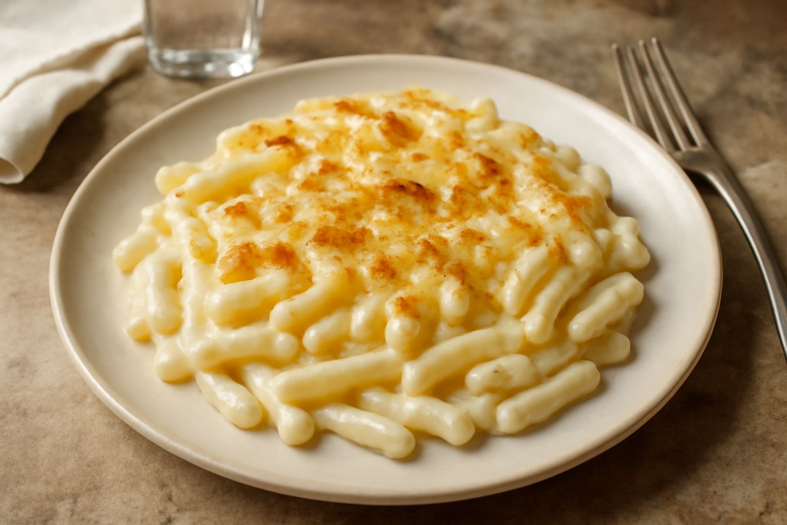Piatto di maccarones in cassula appena sfornato, con superficie dorata e croccante, vapore leggero ancora visibile, dentro cremoso e biancheggiante, servito in piatto bianco fondo