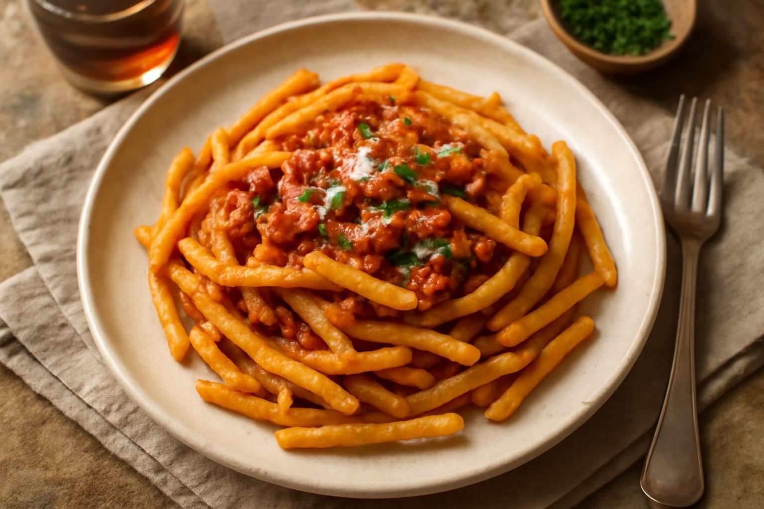 Maccaroni alla chitarra crudi appena tagliati su una spianatoia di legno, di colore giallo dorato, a sezione quadrata, accanto a una chitarra in legno con corde d'acciaio; alcuni fili di farina sparse