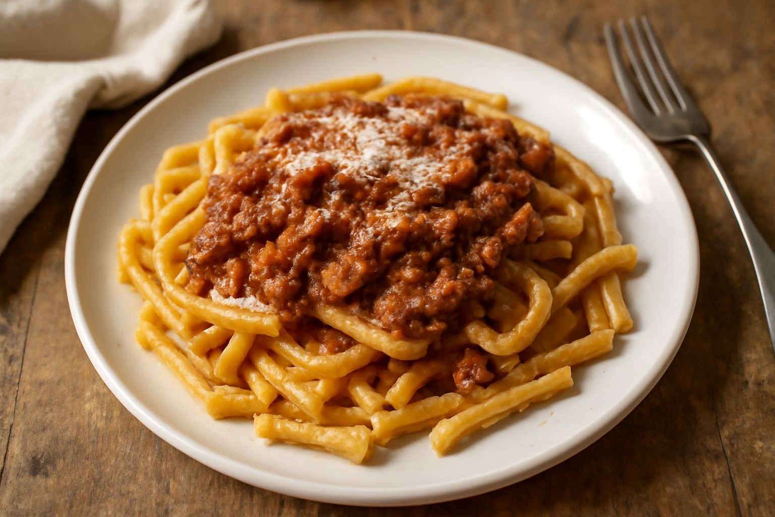Un piatto di maccaroni alla chitarra conditi con sugo di carne, formaggio grana grattugiato, su un fondo bianco di porcellana. Visibili gli spaghetti quadrati, il sugo marrone rossiccio, la traccia di