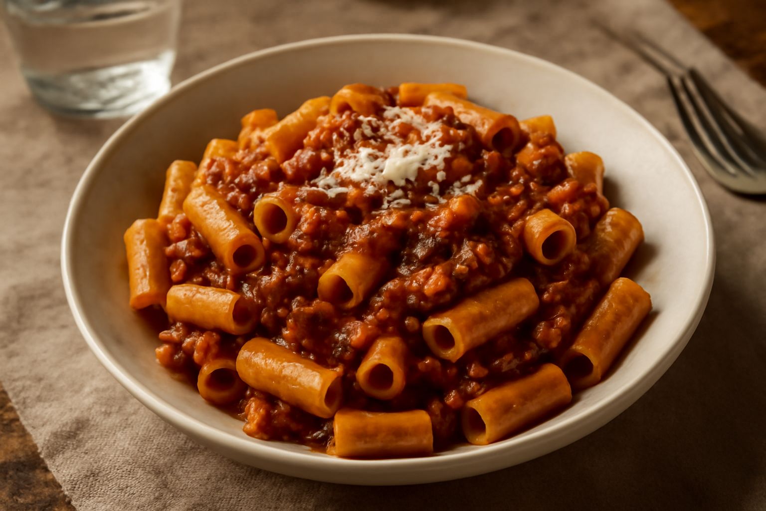 Piatto di maccaroni rigatoni bianchi ricoperti di ragù marrone scuro con pezzetti di carne visibili, cosparso di pecorino romano grattugiato bianco, su un piatto fondo bianco