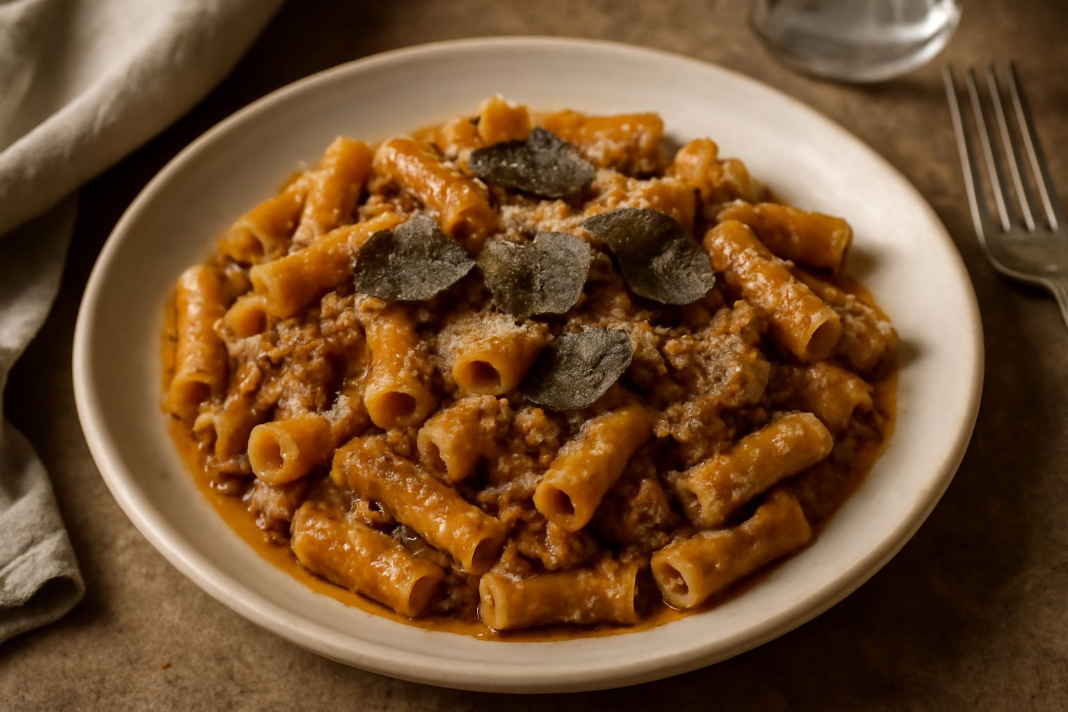 Piatto di maccaroni cremosi color beige e marrone, conditi con ragù e scaglie sottili di tartufo nero brillante, grattugiato parmigiano in superficie, servito in piatto bianco fondo