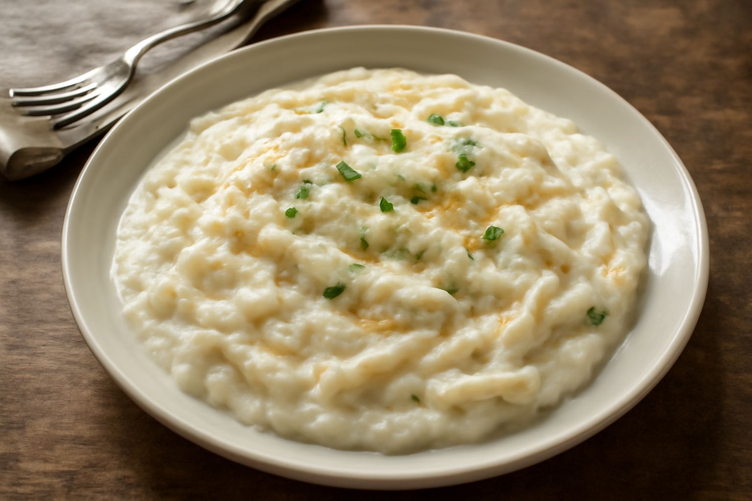 Maccaroni bianchi e cremosi in un piatto bianco, ricoperti di ricotta e scaglie di pecorino grattugiato, contorno di prezzemolo fresco verde