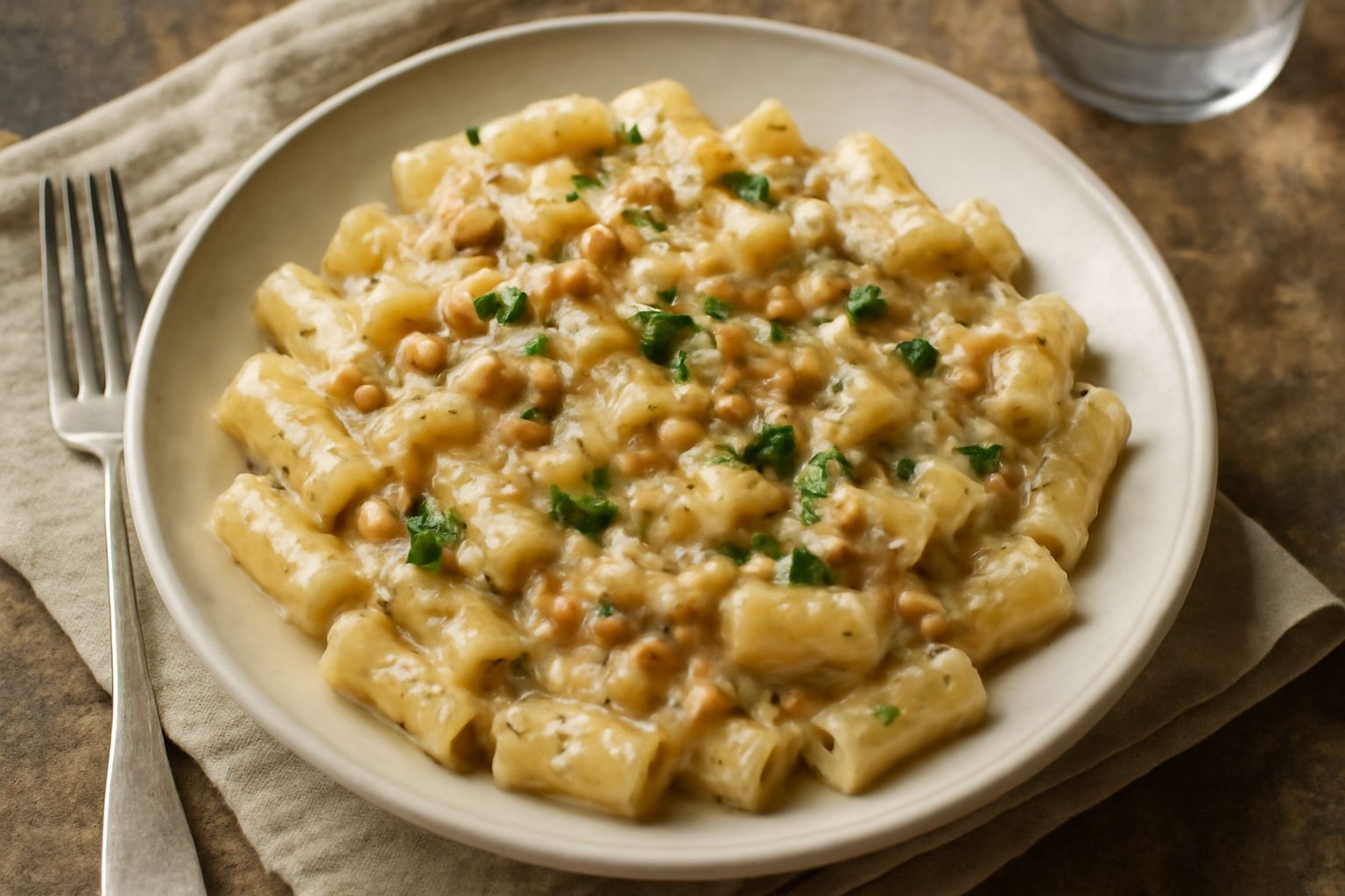 Piatto di maccaroni dorati rivestiti da una salsa cremosa beige di noci, guarniti con noci spezzate intere e prezzemolo fresco, in un piatto bianco profondo