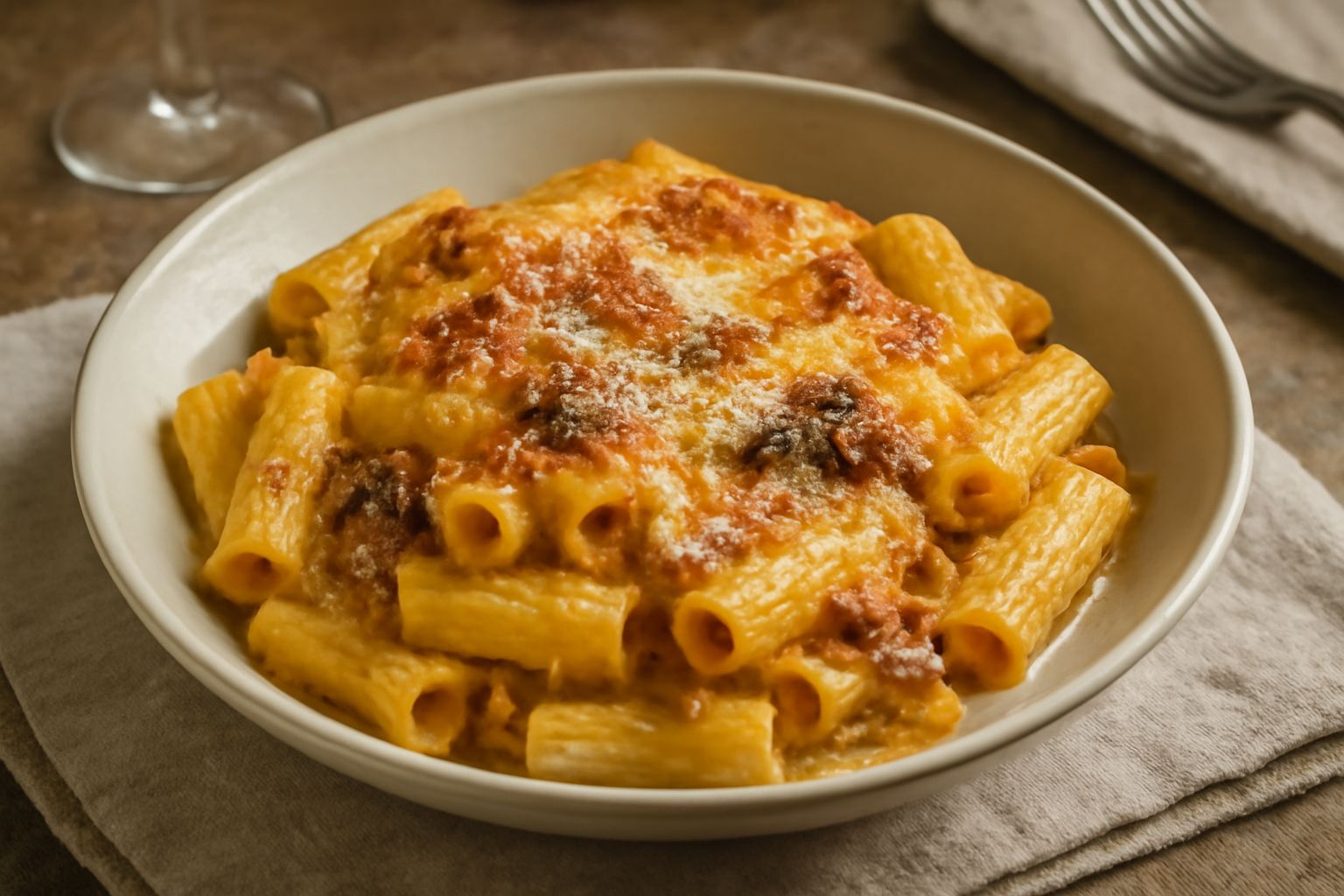 Maccaroni al forno in piatto bianco, con superficie dorata e croccante, besciamella cremosa visibile nei solchi della pasta, guarnizione di formaggio grattugiato, vapore ancora caldo