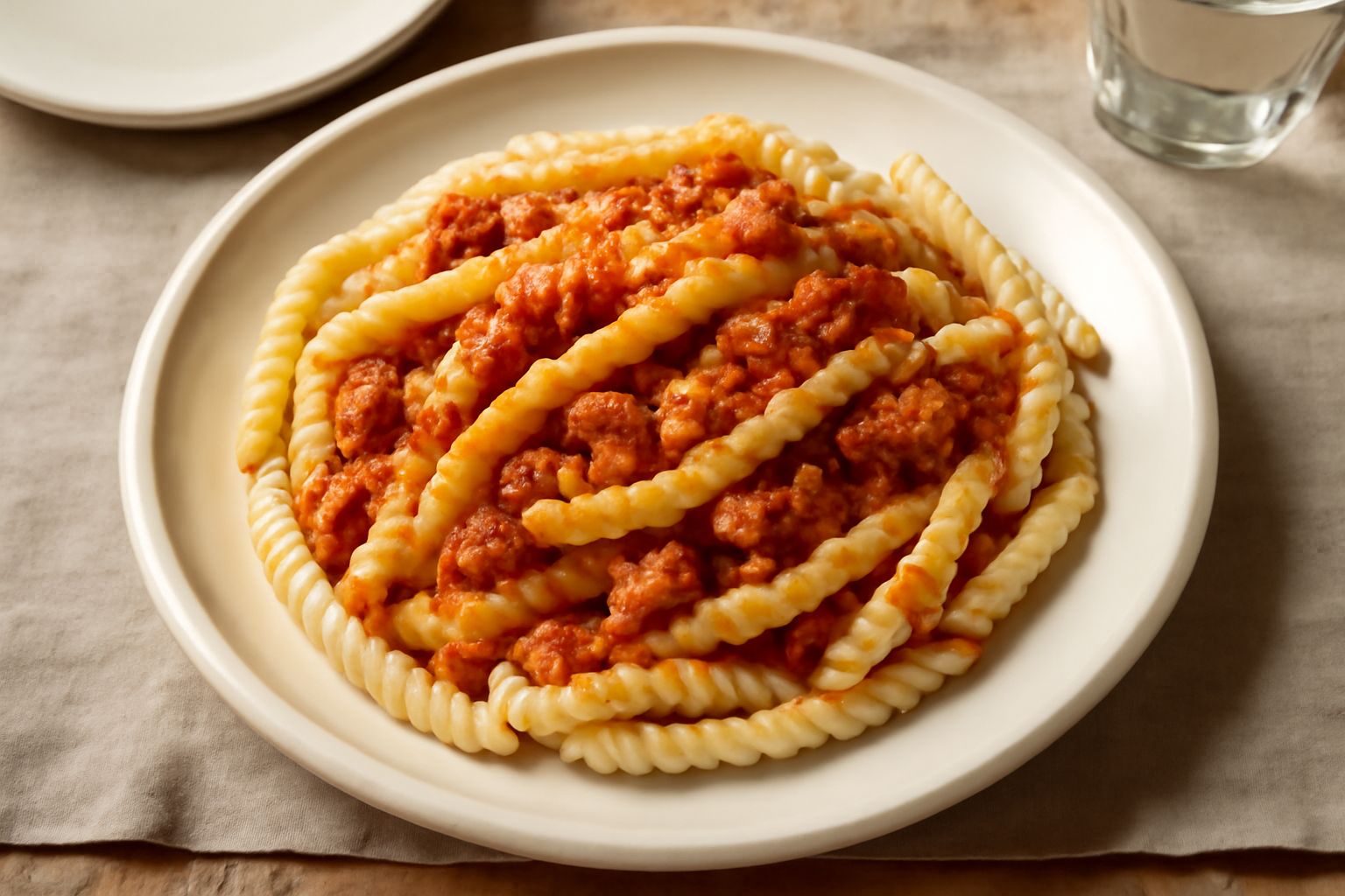 Maccarrones de busa in brodo caldo, lunghi e ondulati color avorio, con ripieno visibile all interno, serviti in una ciotola di ceramica bianca con mestolo accanto e pane tostato sul piatto