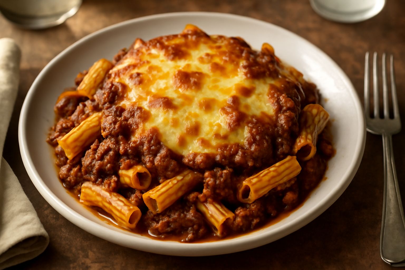 Piatto di maccarrones de pampas con pasta color ambra avvolta in salsa ragù scuro, gratinata in superficie con formaggio dorato, guarnito con prezzemolo fresco tritato, servito in un piatto bianco di 