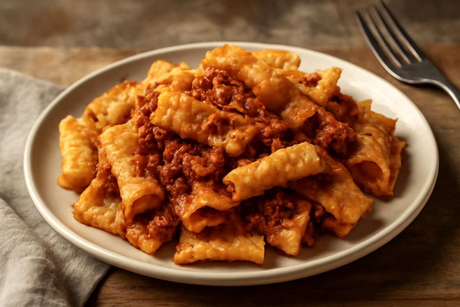 Maccarrones frieddus dorati e croccanti ammucchiati nel piatto bianco, ricoperti leggermente di ragù scuro, con contorno di sedano fresco verde