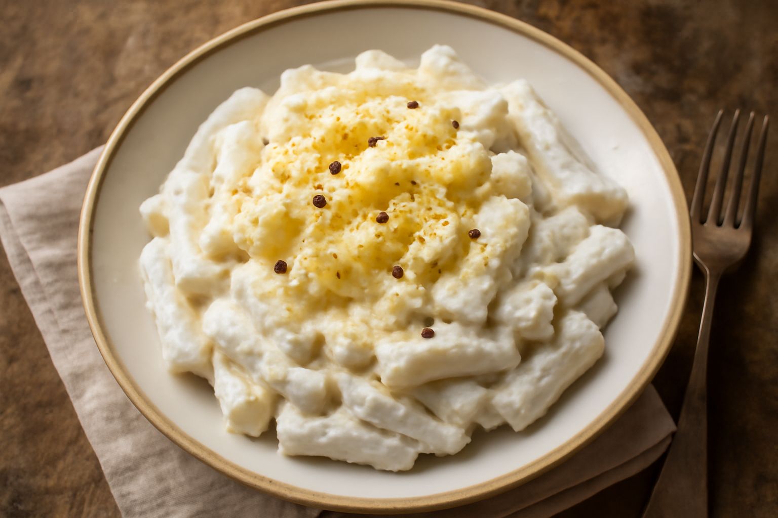 Piatto di pasta rigatoni bianca con ricotta cremosa, coperti di pecorino grattugiato e pepe nero, in una ciotola bianca profonda con un cucchiaio di legno di fianco