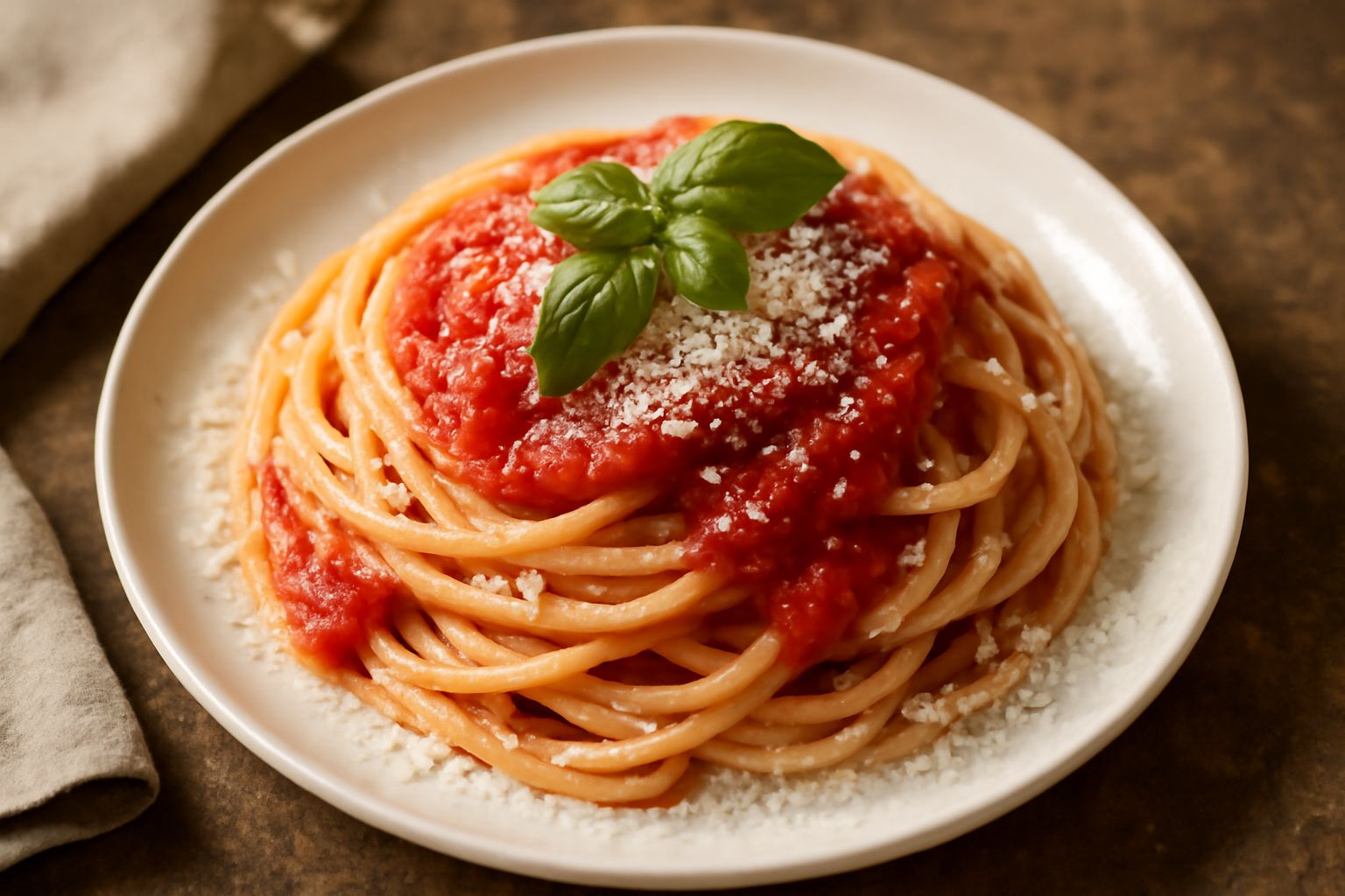 Piatto di pasta fresca arrotolata in nidi, coperto da sugo di pomodoro rosso brillante, guarnito con basilico fresco verde e parmigiano grattugiato bianco, servito in ciotola di ceramica bianca