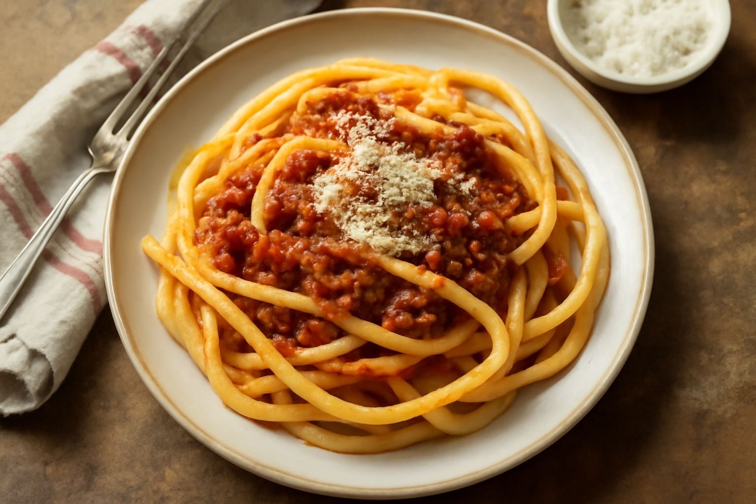 Mucchio di maccarruna fresca tirata a mano, lunga e sottile, riposata su un tavolo di legno infarinato, con un mattarello di legno accanto e alcune uova rotte nelle vicinanze