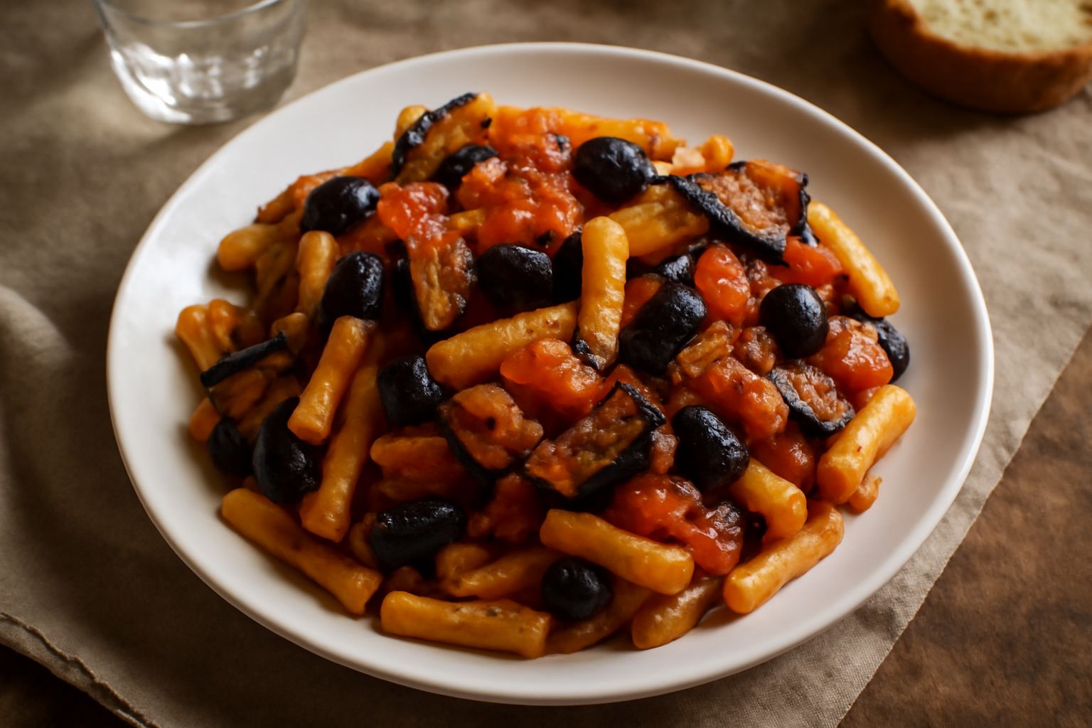 Piatto di pasta corta condita con melanzane violacee fritte, pomodori rossi tritati, olive nere lucide e cipolla bianca, in un piatto bianco di ceramica, con un filo d'olio verde sul bordo
