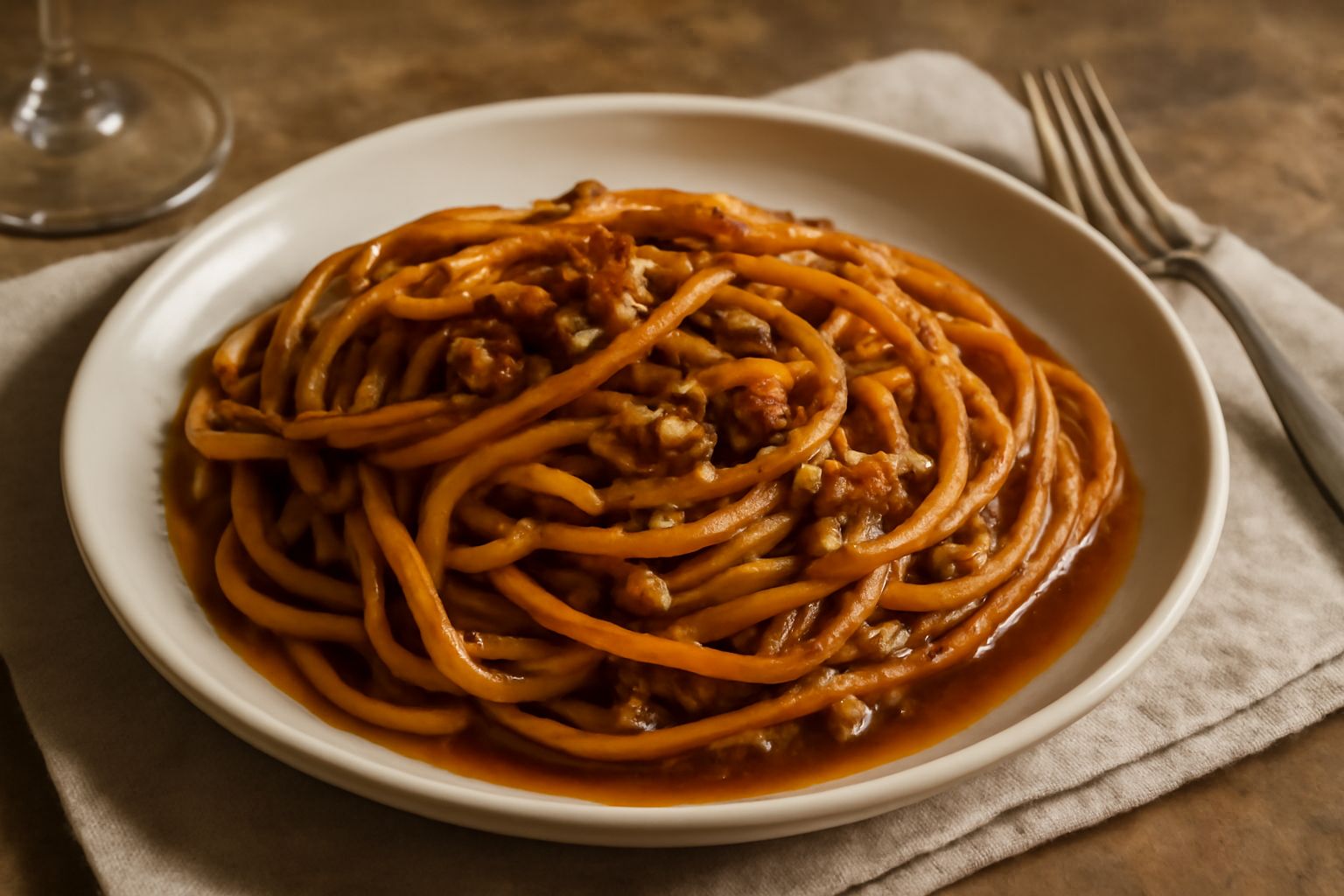 Piatto di maccarruni al ragù, pasta lunga avvolta da sugo rosso marrone denso, con visibili pezzi di carne macinata, conditi con formaggio grattugiato bianco, impiattamento su piatto bianco fondo.