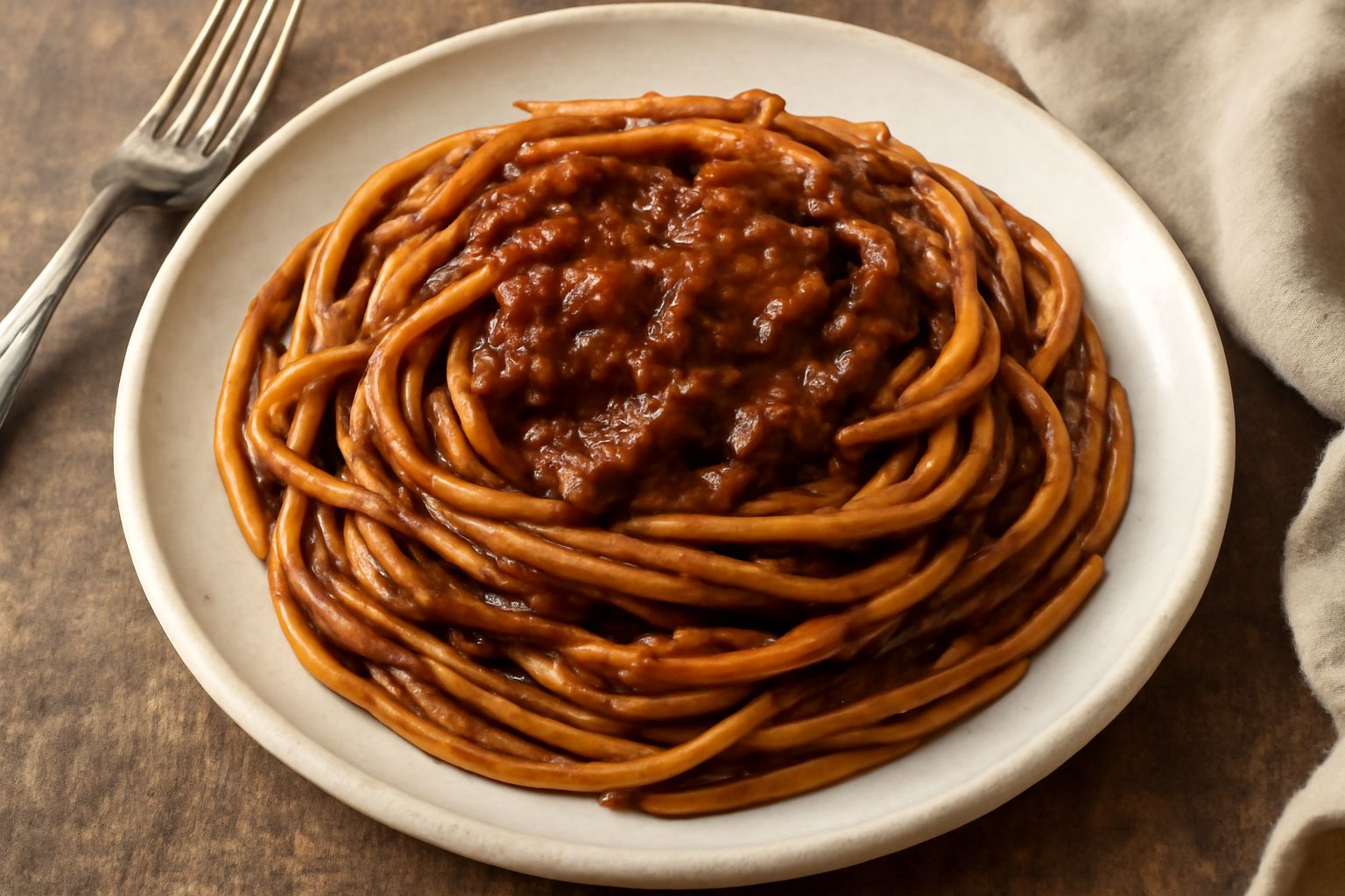 Un piatto bianco con maccarruni lunghi ricoperti di sugo marrone scuro a base di carne, guarnito con parmigiano grattuggiato e una foglia di prezzemolo fresco