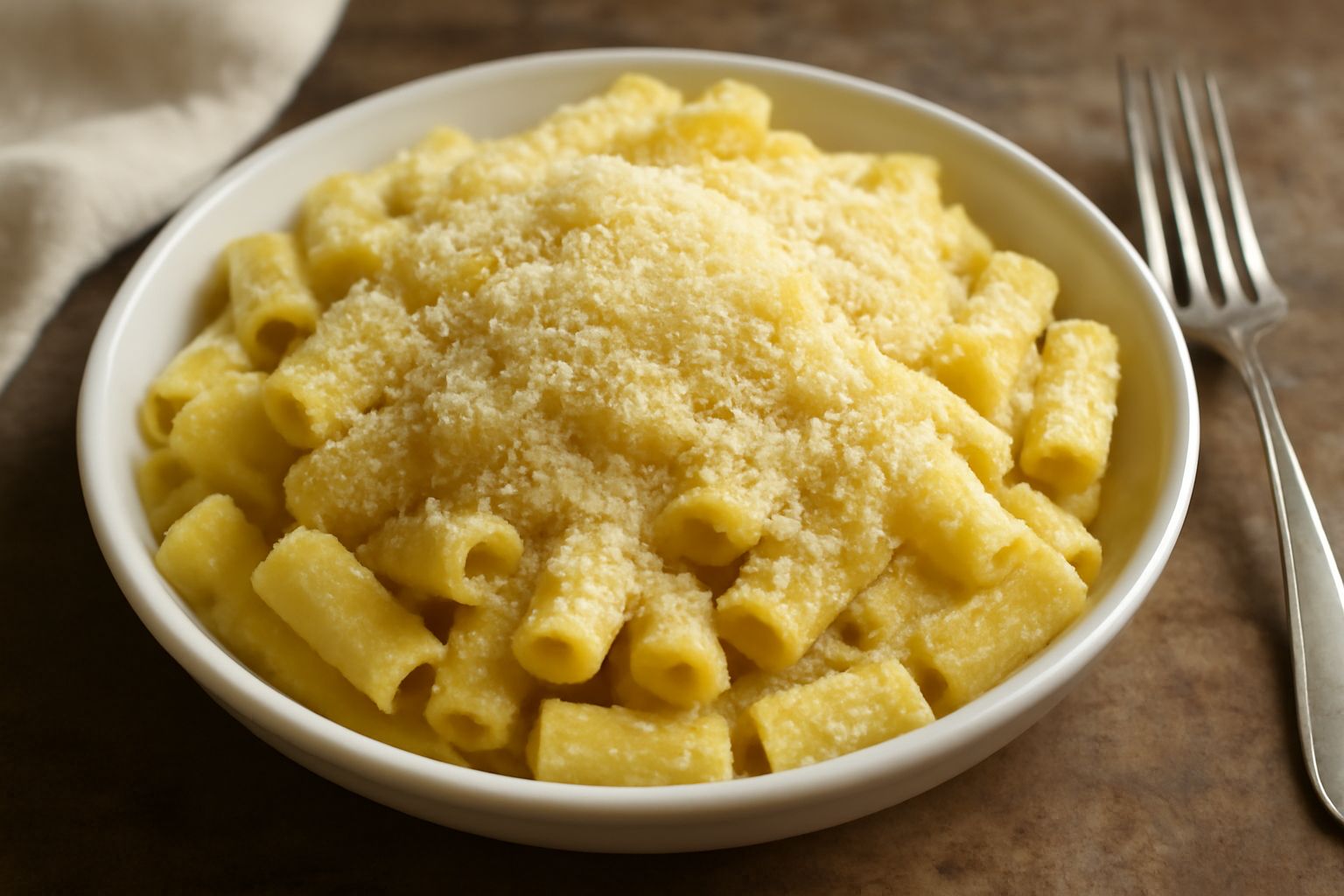 Maccarruni gialli in una ciotola bianca, ricoperti di burro lucido e formaggio grattugiato, con tre o quattro grani di pepe nero visibili in superficie