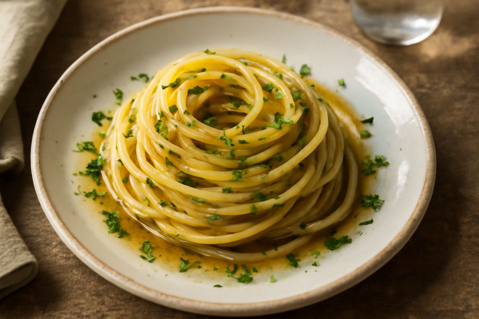 Piatto di pasta lunga con acciughe disciolte in olio dorato, aglio affettato leggero, peperoncino rosso sfumato, prezzemolo verde sparse in superficie, serviti in un piatto bianco fondo.
