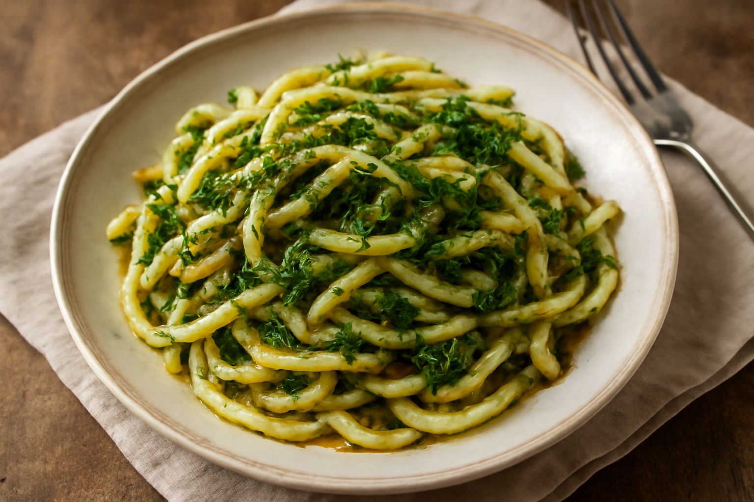 Piatto di maccarruni ondulati di pasta fresca color avorio, conditi con finocchietto verde brillante, aglio dorato, peperoncino rosso spezzettato e olio verde oliva, impiattati in piatto bianco profon