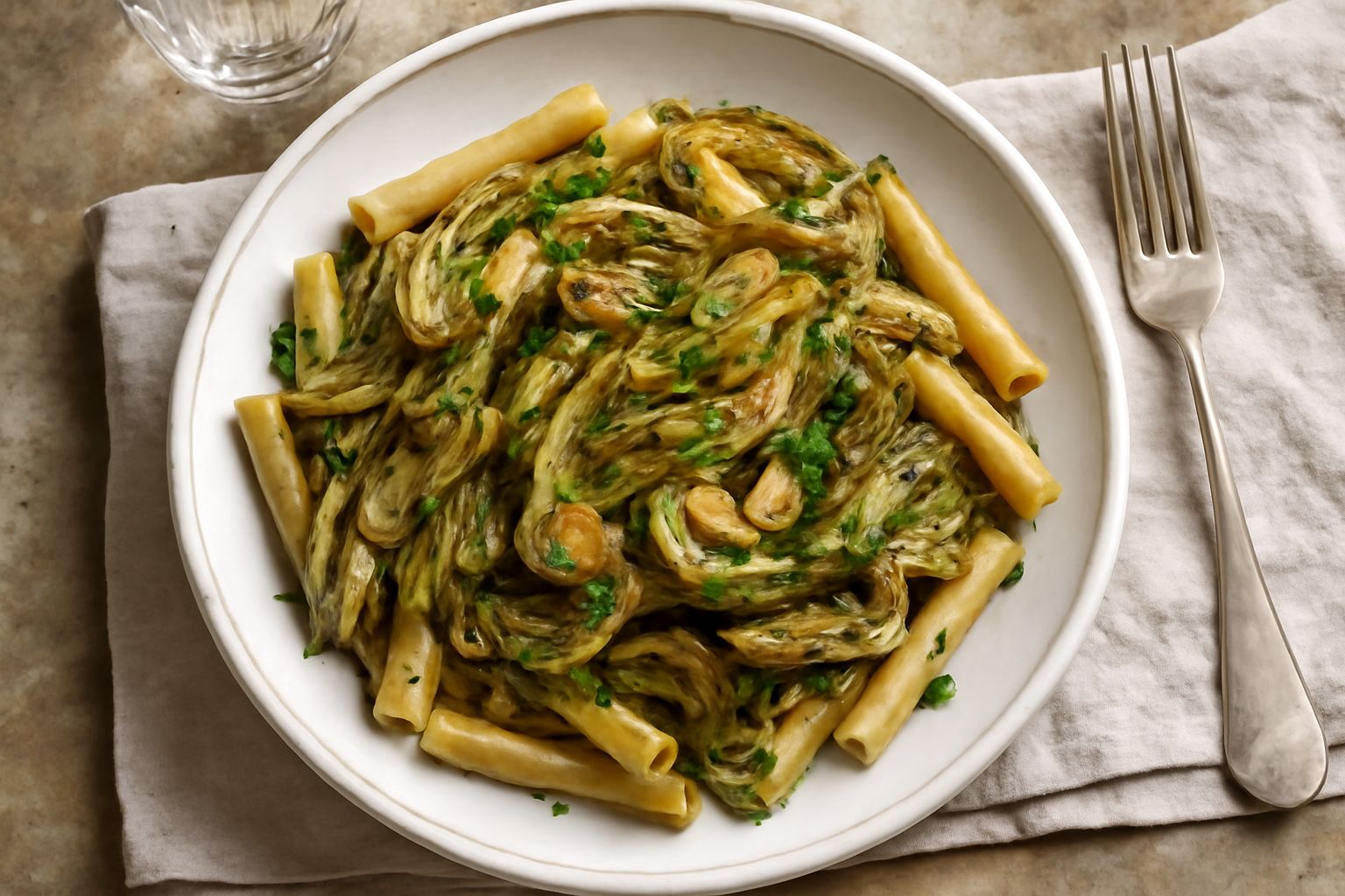 Piatto di macaroni con carciofi freschi tagliati a fette sottili, olio verdognolo, aglio dorato, prezzemolo fresco tritato. Pasta al dente color ambra, carciofi morbidi color verde chiaro, servito in 