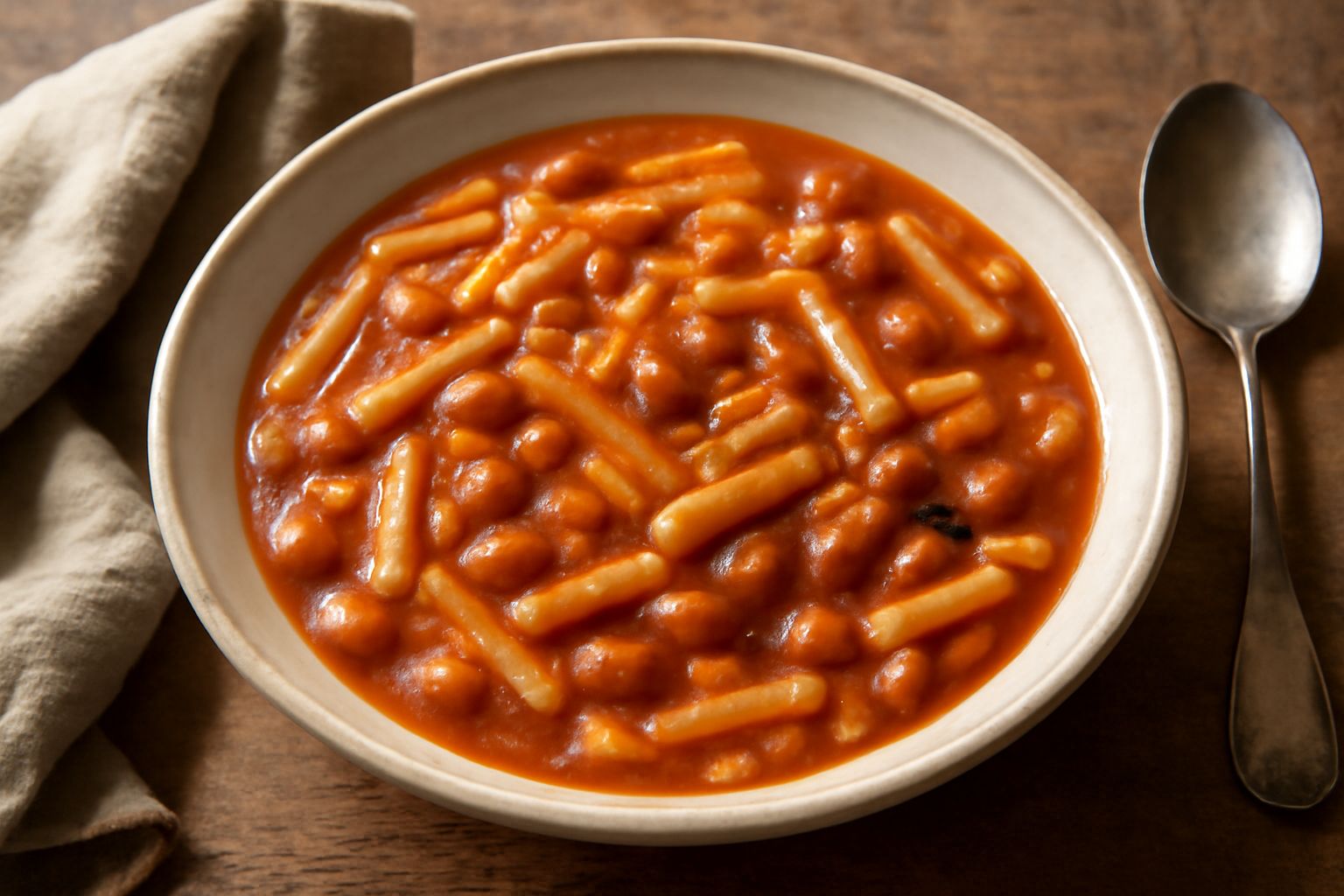 Piatto di «maccarruni ca' i fasuli» con pasta corta e fagioli bianchi in umido, olio di oliva lucido in superficie, pomodori e aglio rossi sullo sfondo, servito in ciotola di ceramica bianca