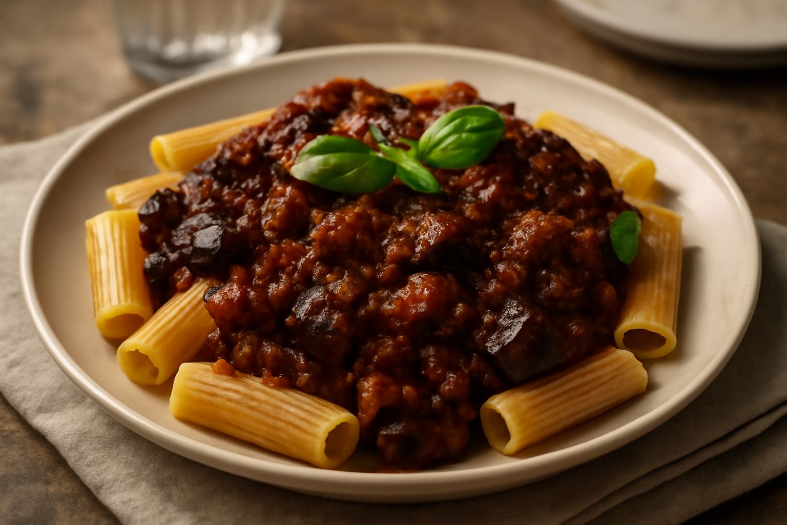 Piatto di maccarruni ca' la brusa: pasta rigatoni con ragu scuro di melanzane e pomodoro, foglia di basilico fresco verde, pezzetti di melanzana viola visibili nel condimento, grana grattugiata bianca