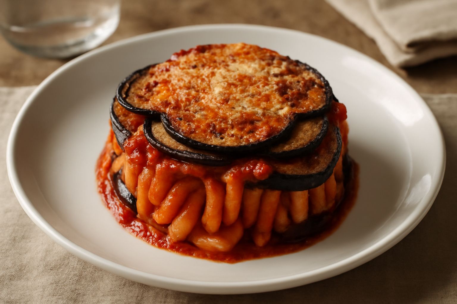 Pasta corta condita con melanzane fritte color viola scuro, salsa rossa di pomodoro, formaggio bianco grattugiato e foglie di basilico fresco verde in un piatto di ceramica bianca