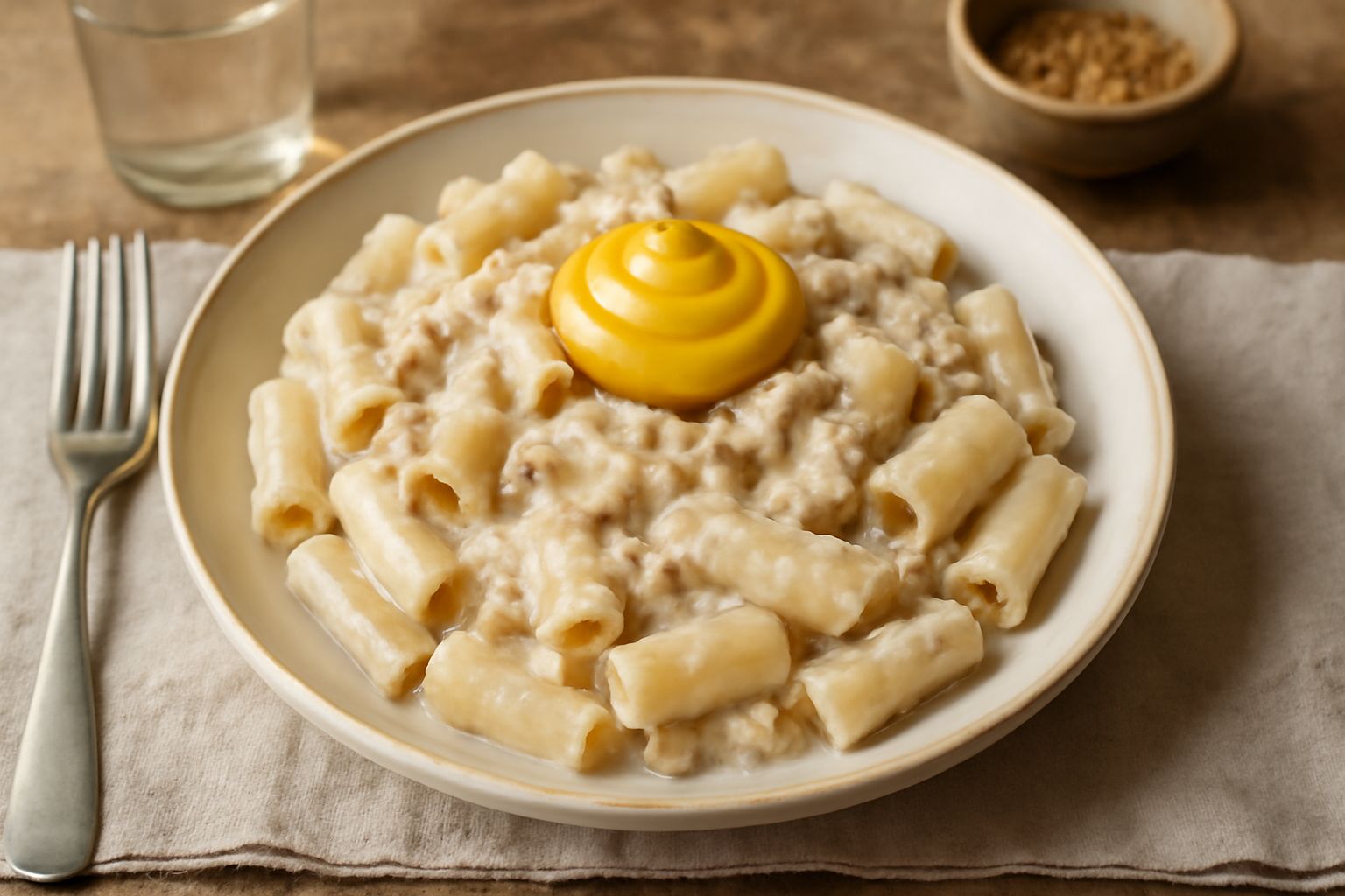 Piatto bianco con rigatoni corti ricoperti di sugo bianco cremoso, carne macinata visibile, guarnito con prezzemolo fresco verde e parmigiano grattugiato bianco, servito su fondo scuro