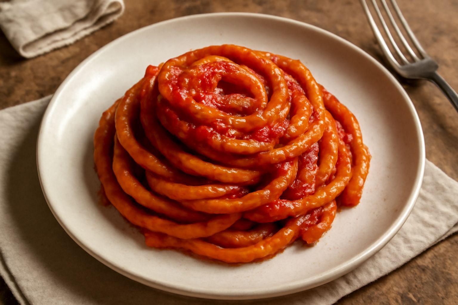Piatto di maccarruni rossi di sugo di pomodoro fresco, pasta arrotolata con le dita, guarnizione di prezzemolo verde e gocce di olio extra vergine, servito in piatto bianco fondo