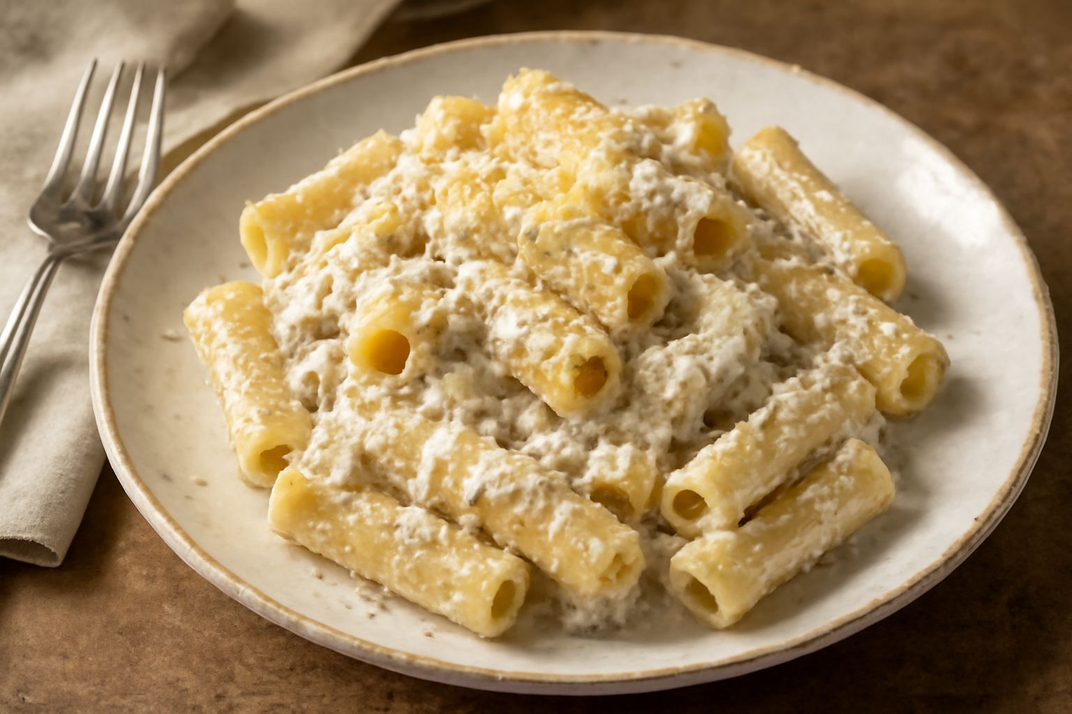 Piatto di maccarruni rigatoni ricoperti da una salsa cremosa bianca con visibili frammenti di noce tostata, una grattugia di pecorino giallo scuro sopra, servito in un piatto fondo bianco con bordo gr