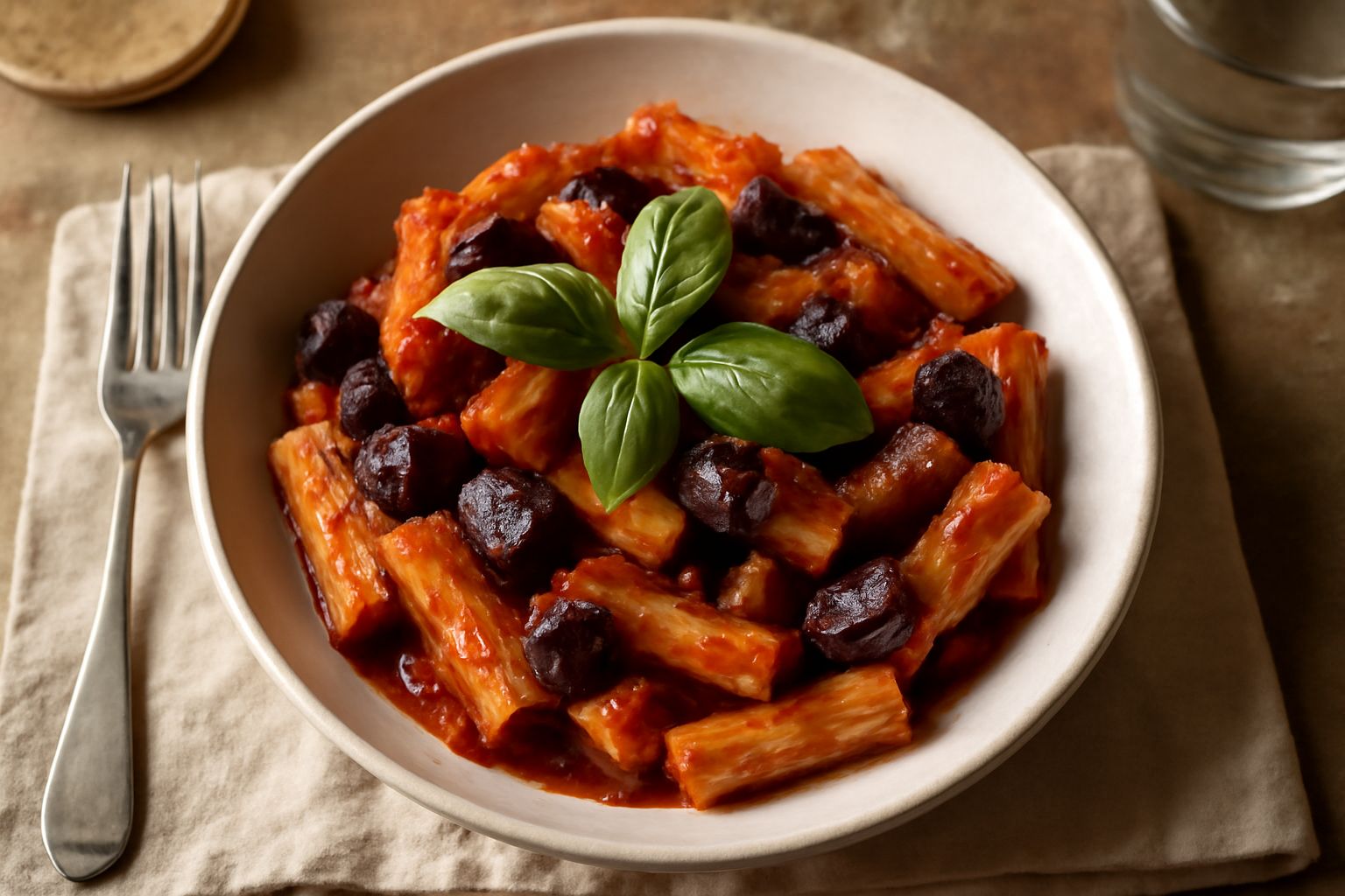 Piatto di pasta rigatoni condita con melanzane fritte violacee, salsa di pomodoro rossa, qualche foglia di basilico verde e una grattugia di formaggio bianco, servito in un piatto fondo di ceramica bi