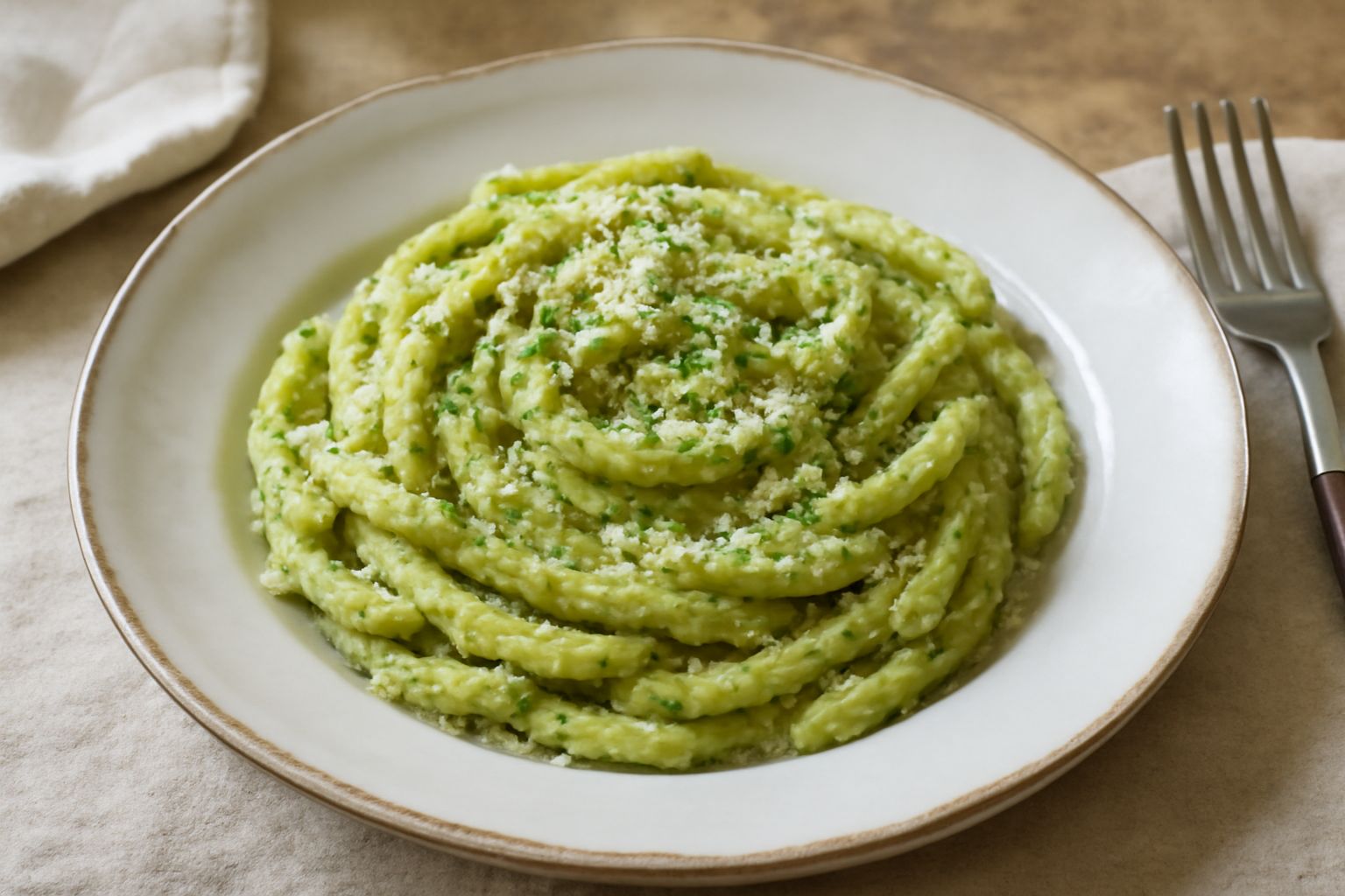 Piatto di maccarroni rivestiti di una salsa verde chiaro fatta di pistacchio tritato, con ricotta salata bianca grattugiata, servito in un piatto di ceramica bianca