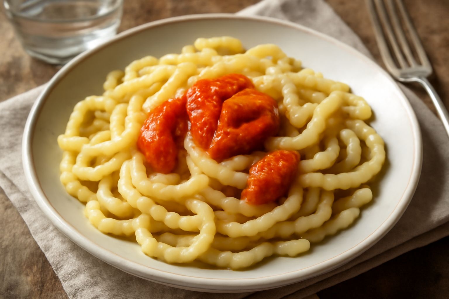 Piatto di maccarruni arancioni con ricci di mare crudi di colore arancio-rossastro adagiati sulla pasta, cosparsi di prezzemolo fresco verde e gocce di limone, servito in un piatto bianco fondo con co