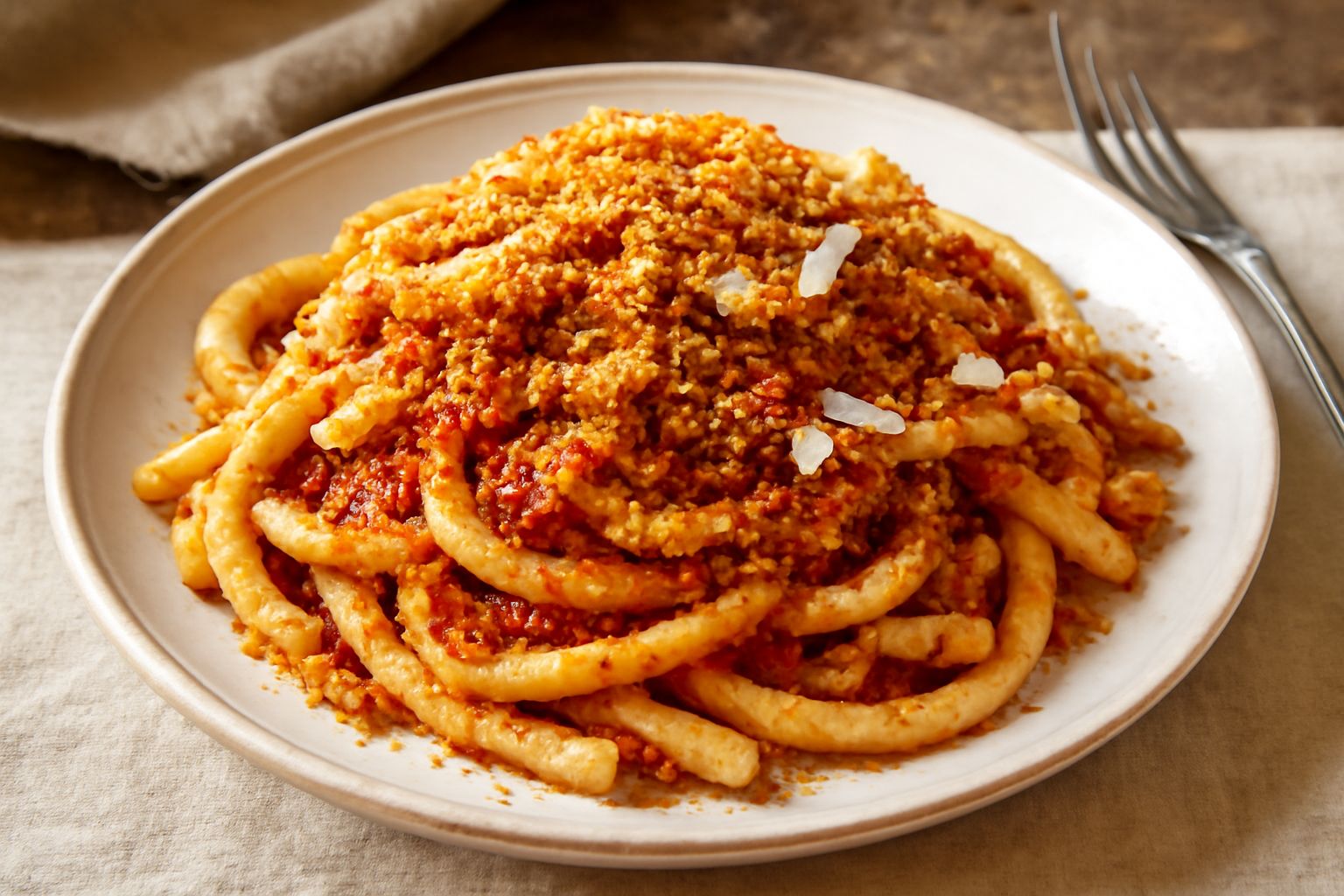 Piatto di pasta lunga con pangrattato dorato croccante, sugo rosso di pomodoro, scaglie di formaggio pecorino giallo e prezzemolo fresco tritato, servito in un piatto bianco fondo