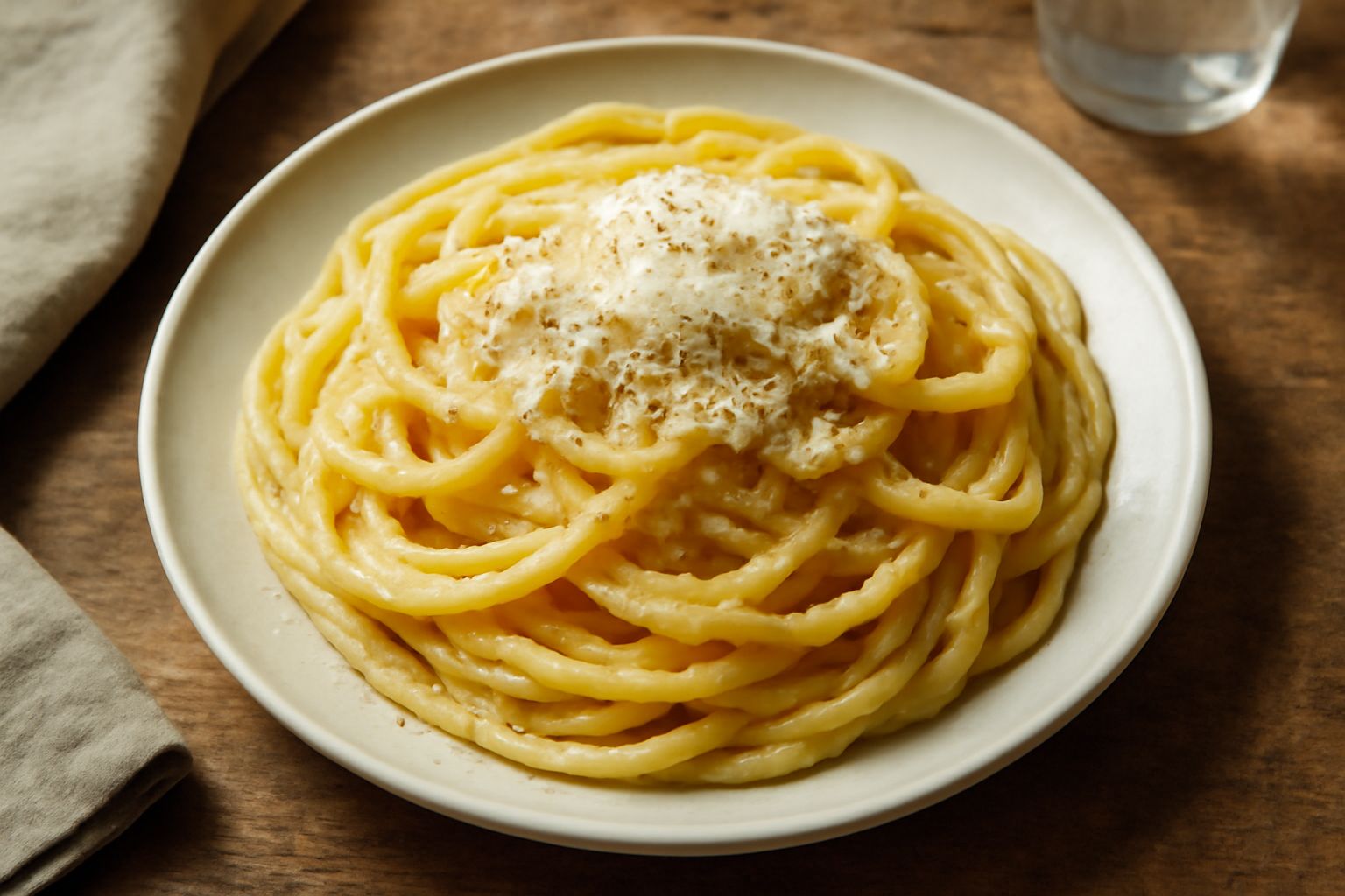 Piatto di pasta lunga bionda con cremosa salsa giallo pallido, grattugiata di pecorino bianco, pepe nero in evidenza, pane tostato ai lati