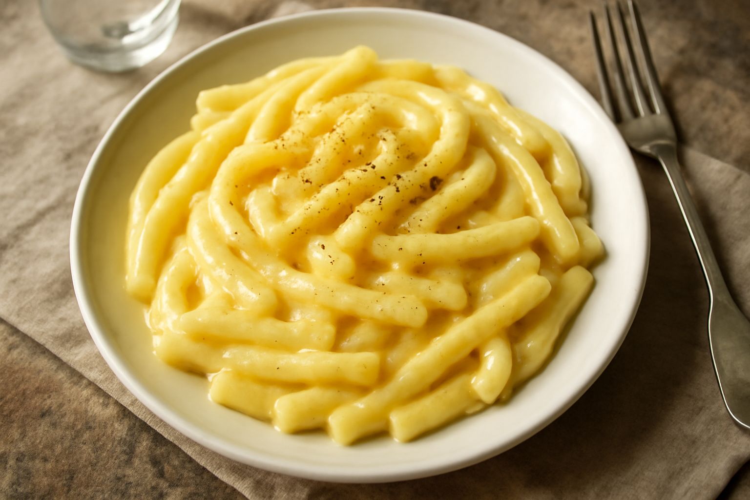 Piatto di ceramica bianca con pasta maccheroni cremosa, colore giallo paglierino con striature di pepe nero, formaggio grattugiato sparso in superficie, fumante appena impiattato