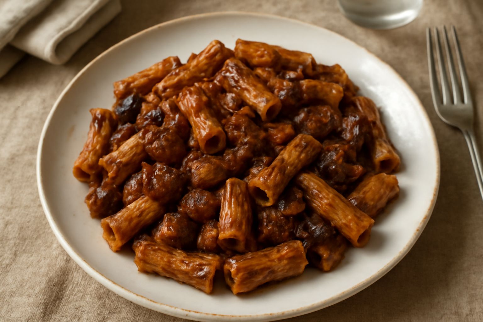 Piatto di rigatoni color marrone dorato con melanzane tagliate a cubetti, ragù denso e rossiccio, spolverato di parmigiano grattugiato bianco, condimento che ricade generosamente sulla pasta
